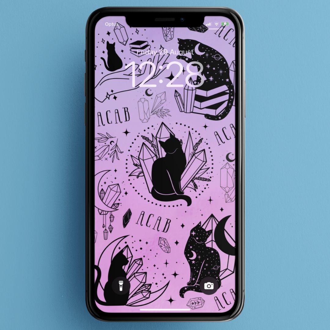 acab phone wallpaper featuring black witchy cats and crystal illustrations. Shop Feminist Trash for i phone wallpapers and political phone backgrounds