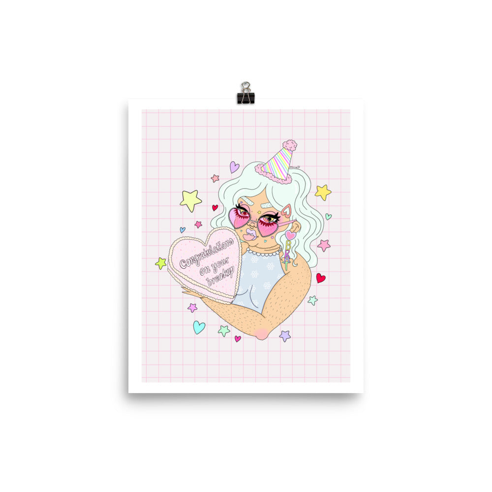 Feminist Art Print Celebrating Breakups. You know, just girly things. Featuring a chubby brown girl illustration holding a cake.