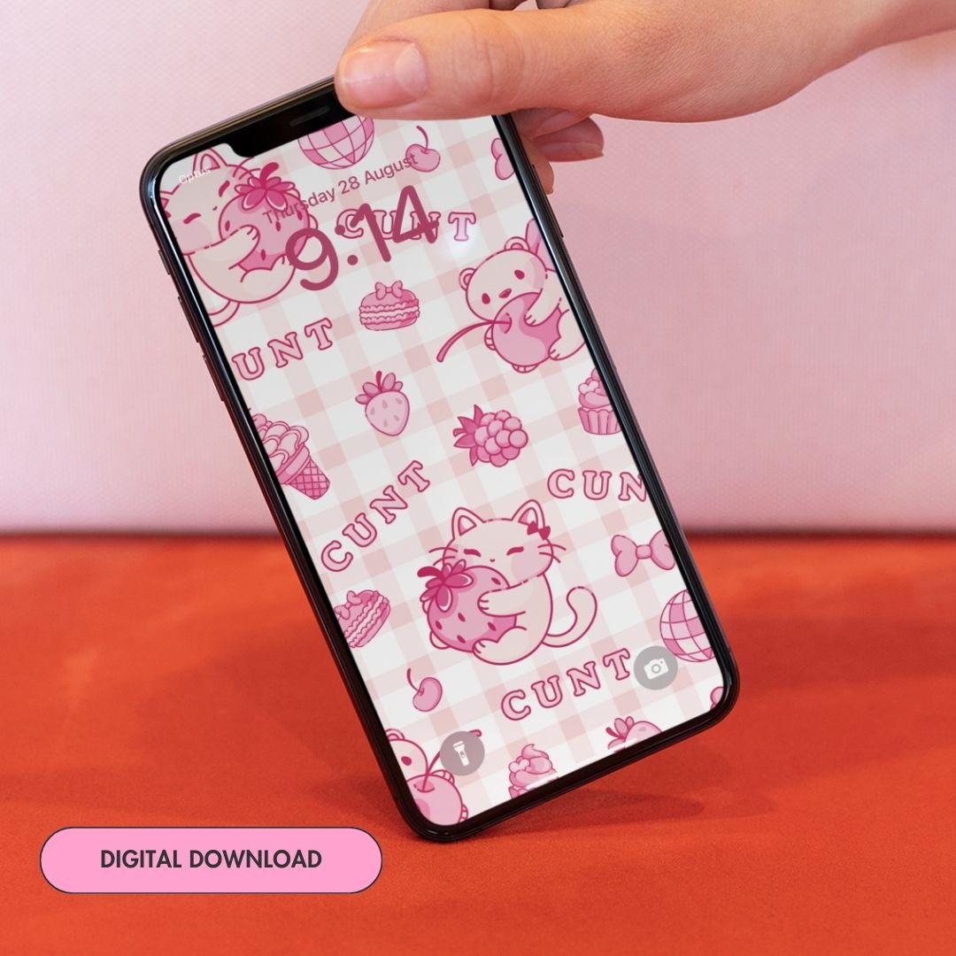 cute phone background with a cherry and strawberry sweet treat pattern with the word cunt scattered throughout. Shop feminist trash for android wallpapers