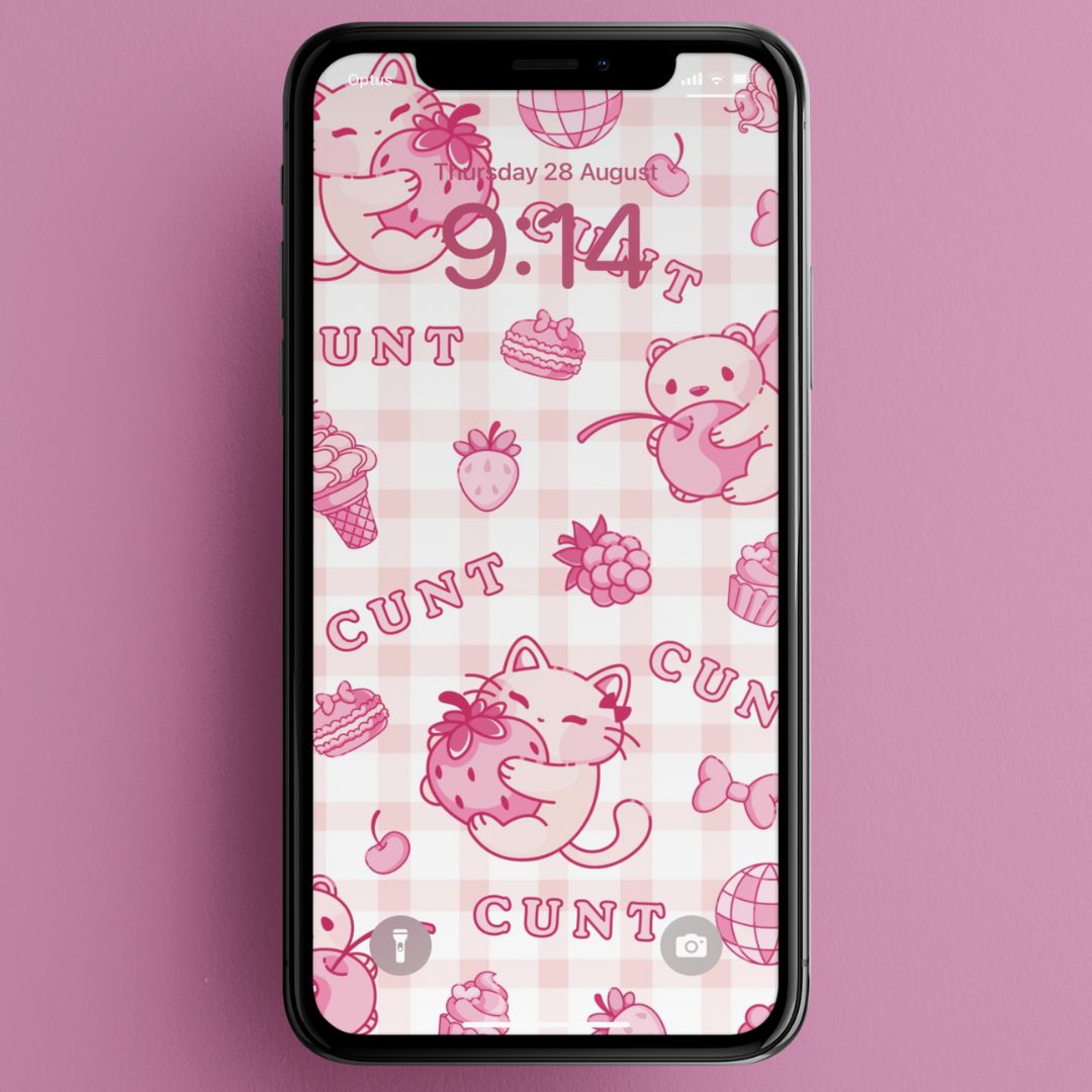 cute phone wallpaper with a cherry and strawberry sweet treat pattern with the word cunt scattered throughout. Shop feminist trash for i phone wallpapers