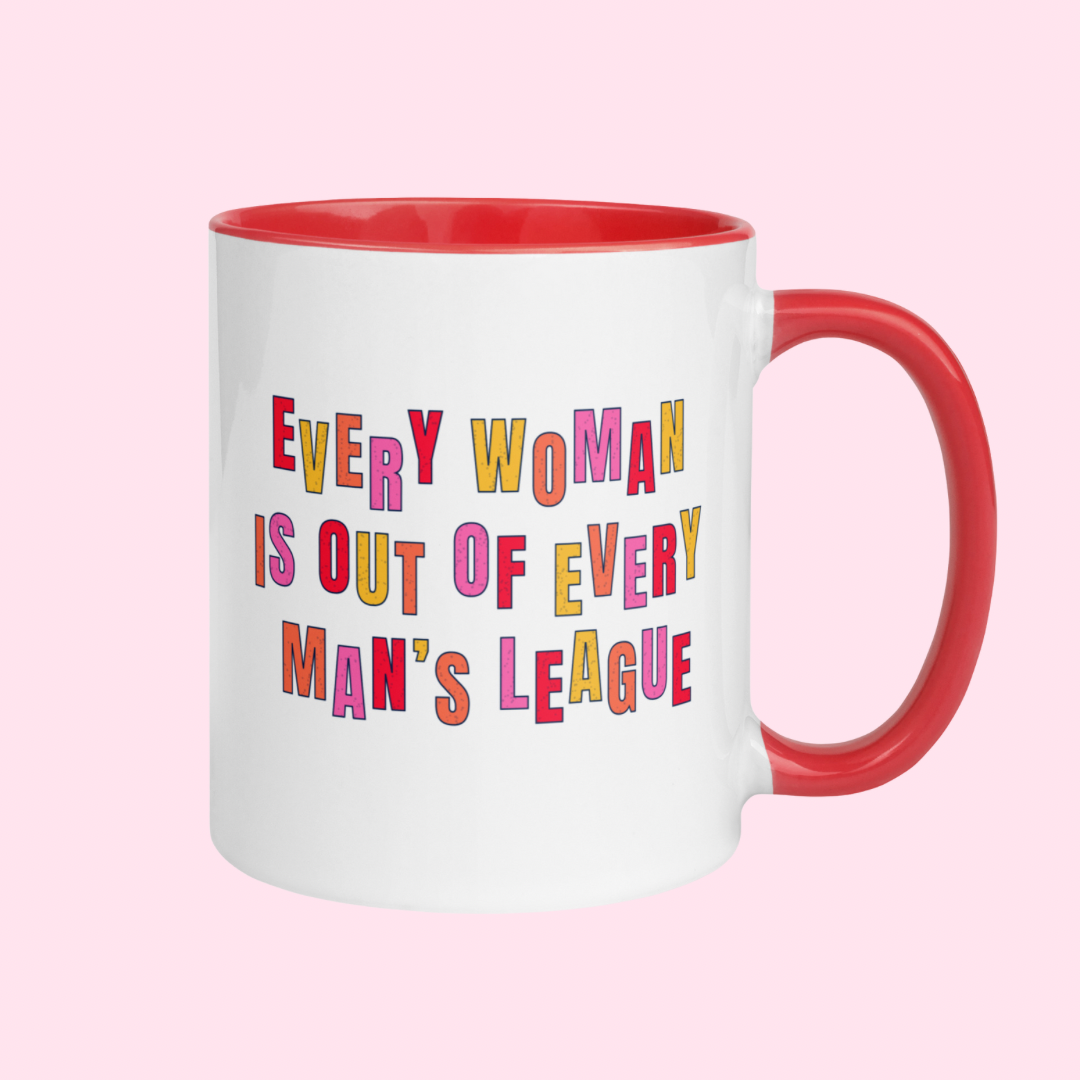 Add a touch of flair to your morning routine with our "Every woman is out of every man's league" feminist mug. This playful ceramic is a reminder that you're too good for him! This funny mug with red interior and handle, featuring a retro design in red, yellow, orange, and pink.