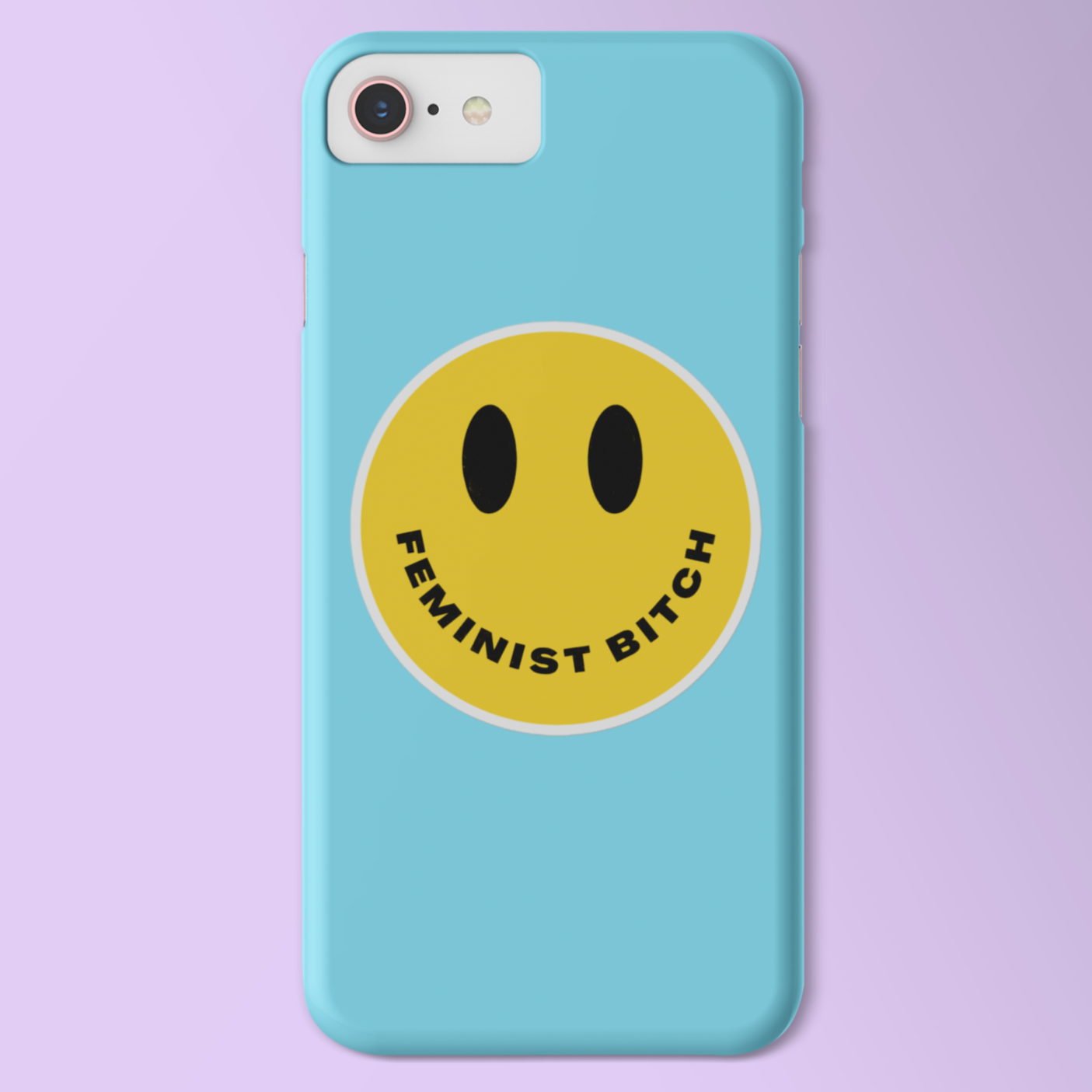 Retro groovy yellow smiley face feminist sticker with the text 'Feminist Bitch' replacing the smile.- Shop feminist stickers for empowered women