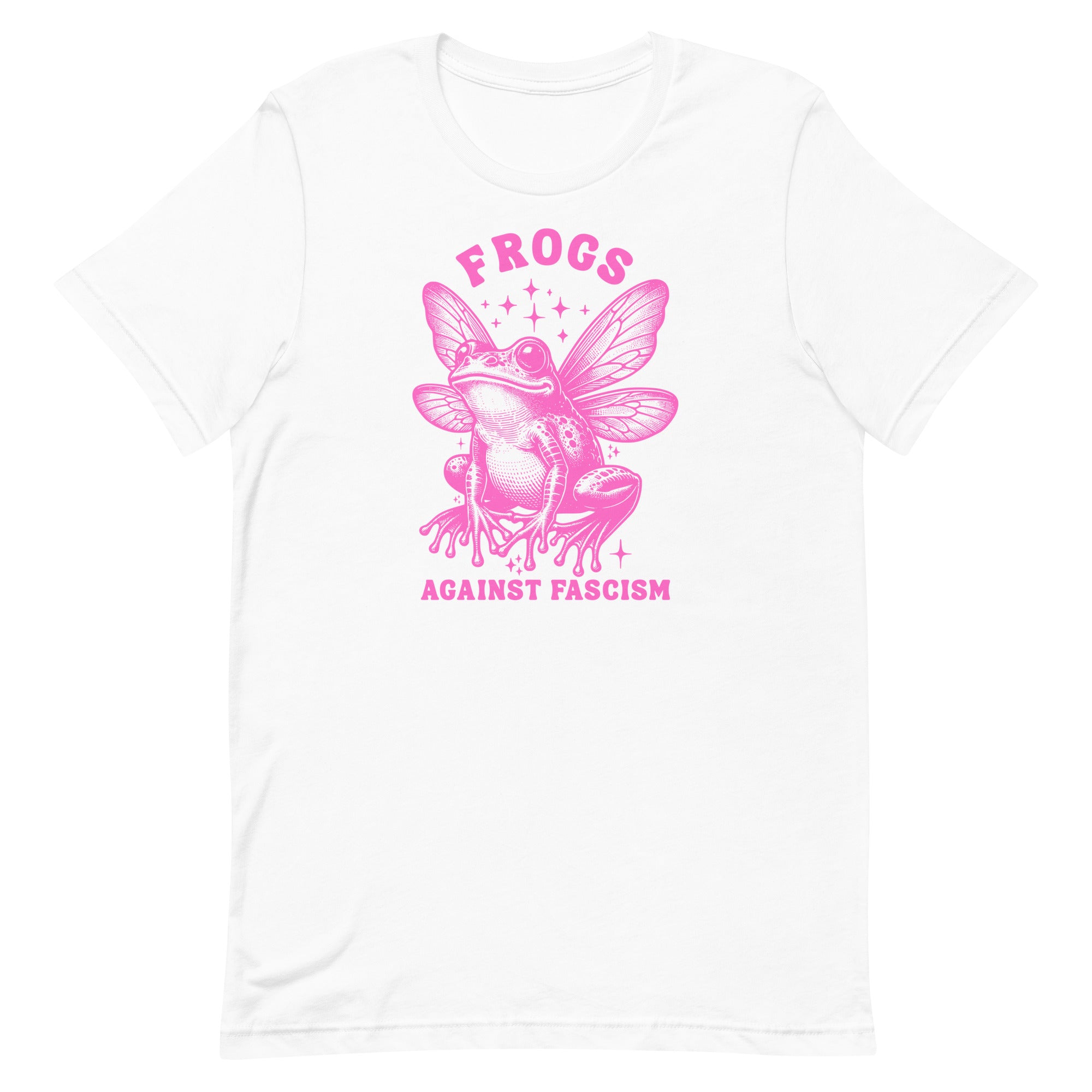 Frogs Against Fascism white t-shirt featuring a cottagecore-inspired frog graphic, perfect for leftist political satire and activist streetwear.