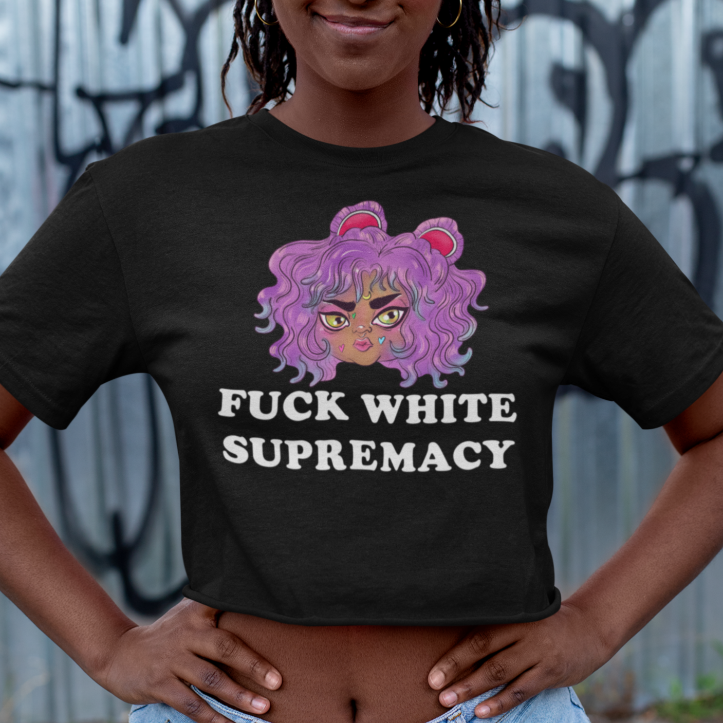Black all over print social justice crop top that says fuck white supremacy in white retro writing. featuring a cute illustration of a brown sailor moon- shop feminist trash for political clothes, feminist apparel and dump him shirts