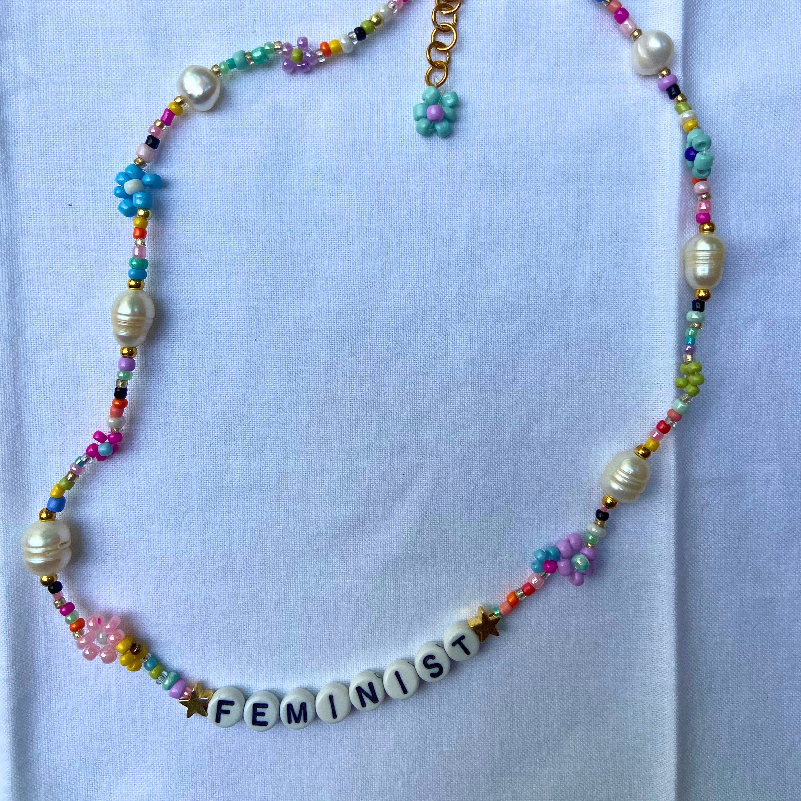 Rainbow Feminist Beaded Necklace