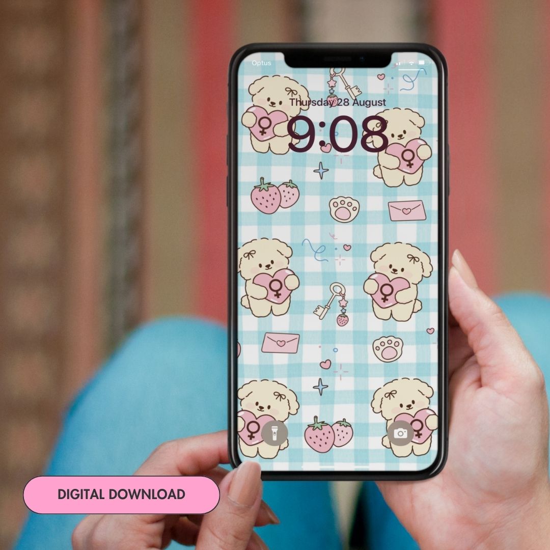 cute kawaii grl pwr pattern phone background featuring cute puppy and strawberry illustrations. Shop feminist trash for cute phone wallpapers and android wallpapers