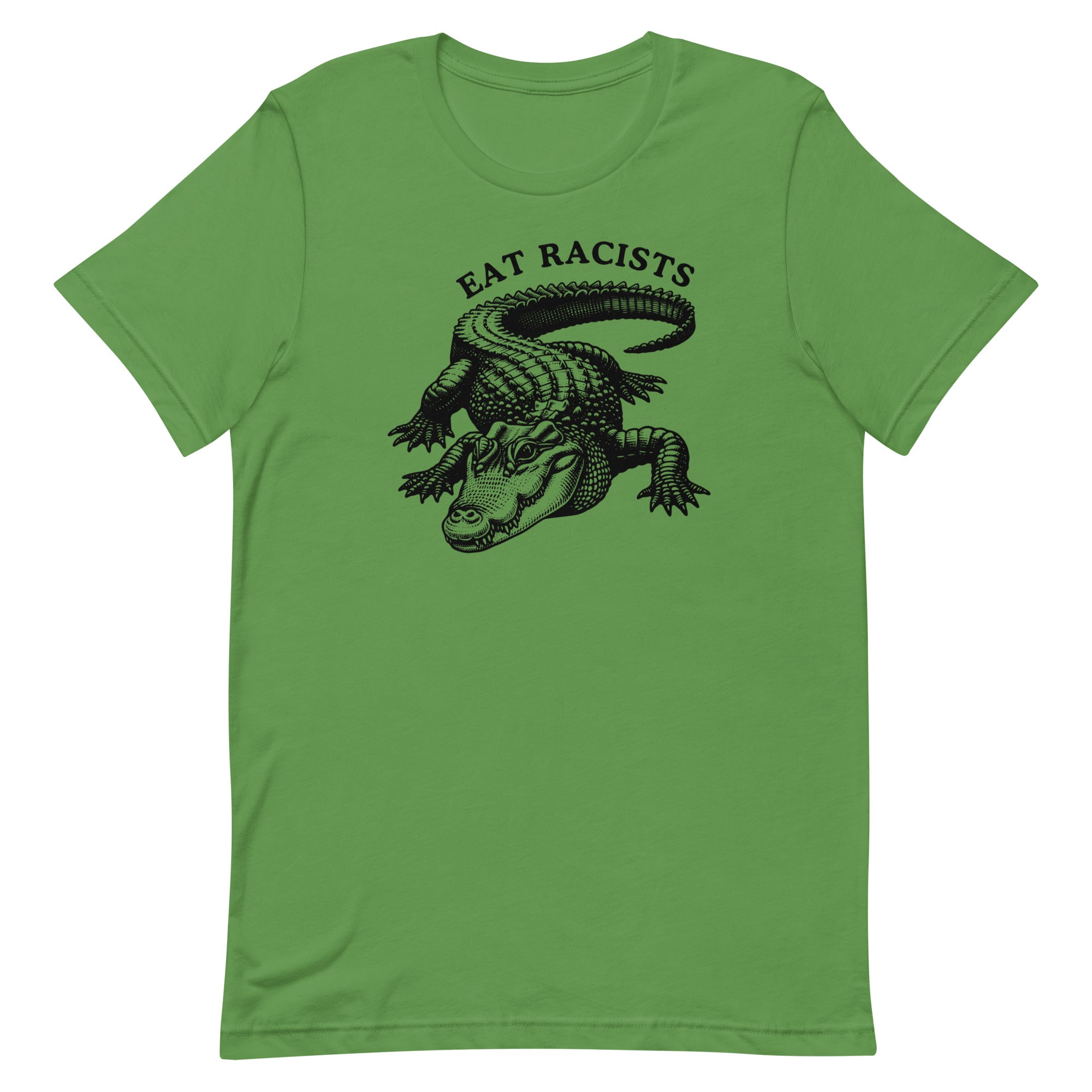 Green political shirt that says eat racists in black writing featuring a black alligator illustration- shop Feminist Trash for Political clothing and feminist apparel
