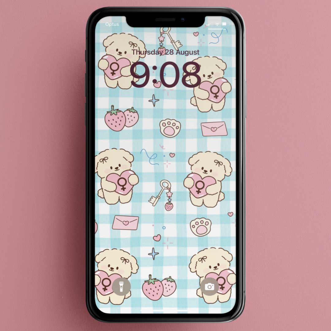 cute kawaii grl pwr pattern phone background featuring cute puppy and strawberry illustrations. Shop feminist trash for cute phone wallpapers and i phone wallpapers