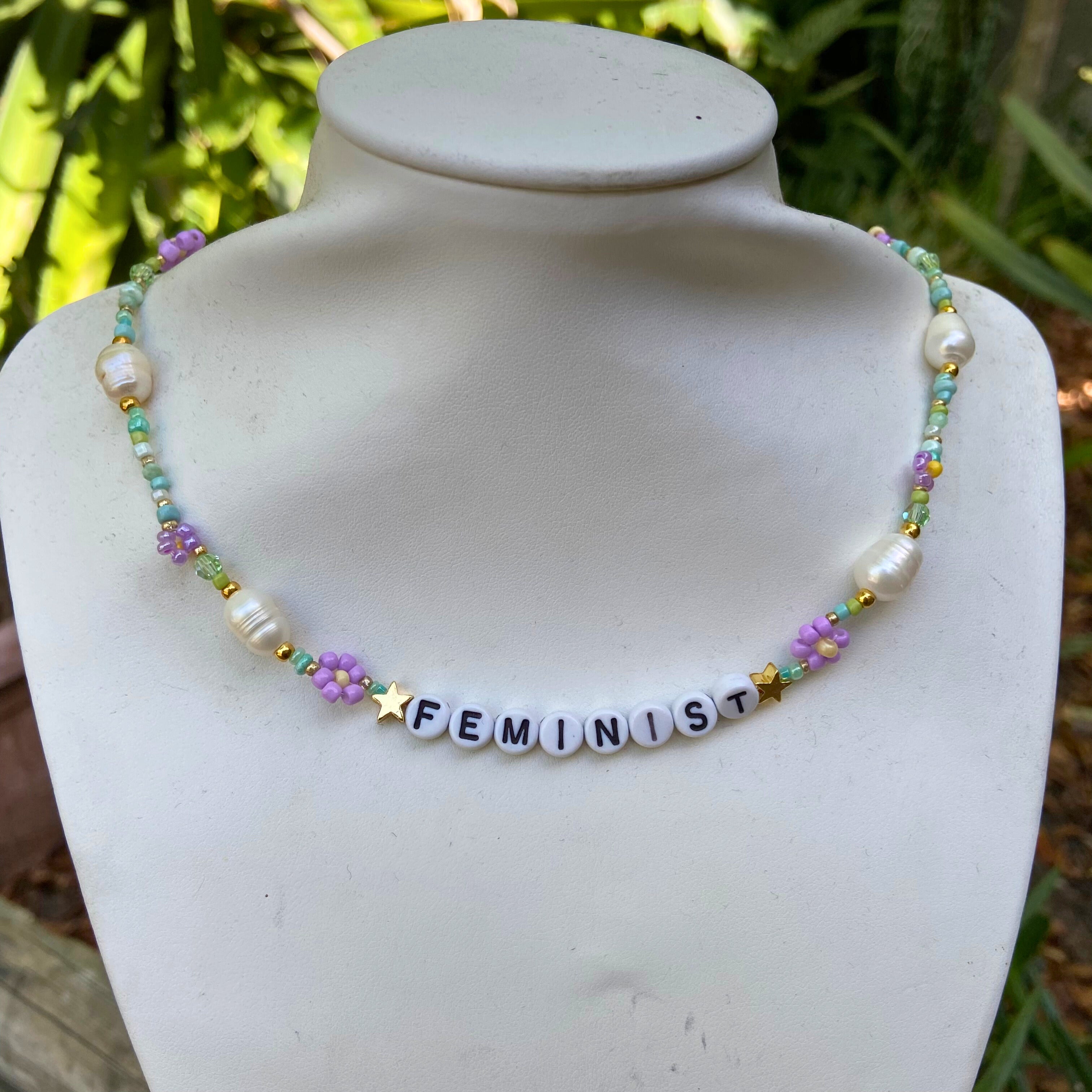 Teal Feminist Beaded Necklace