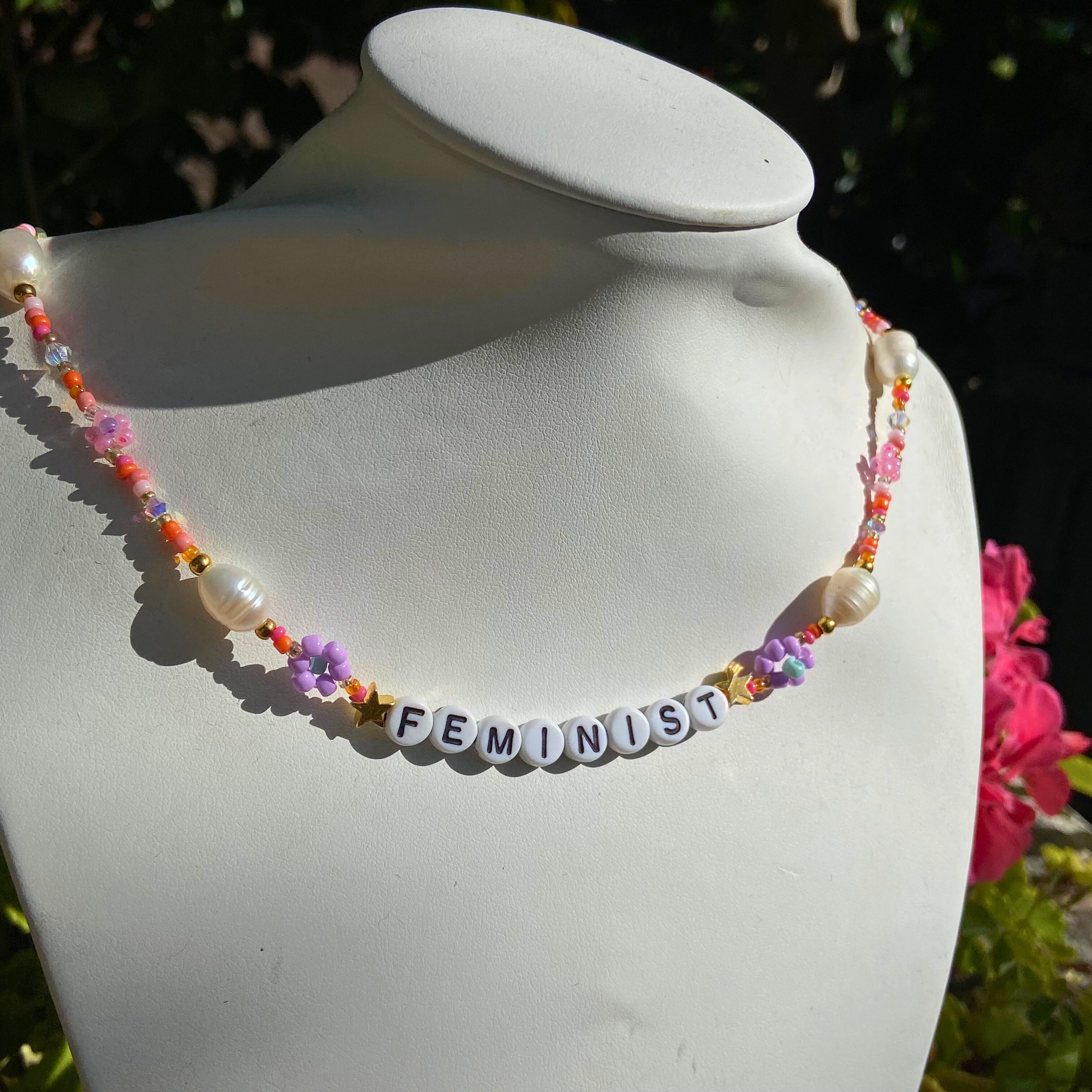 Orange Feminist Beaded Necklace