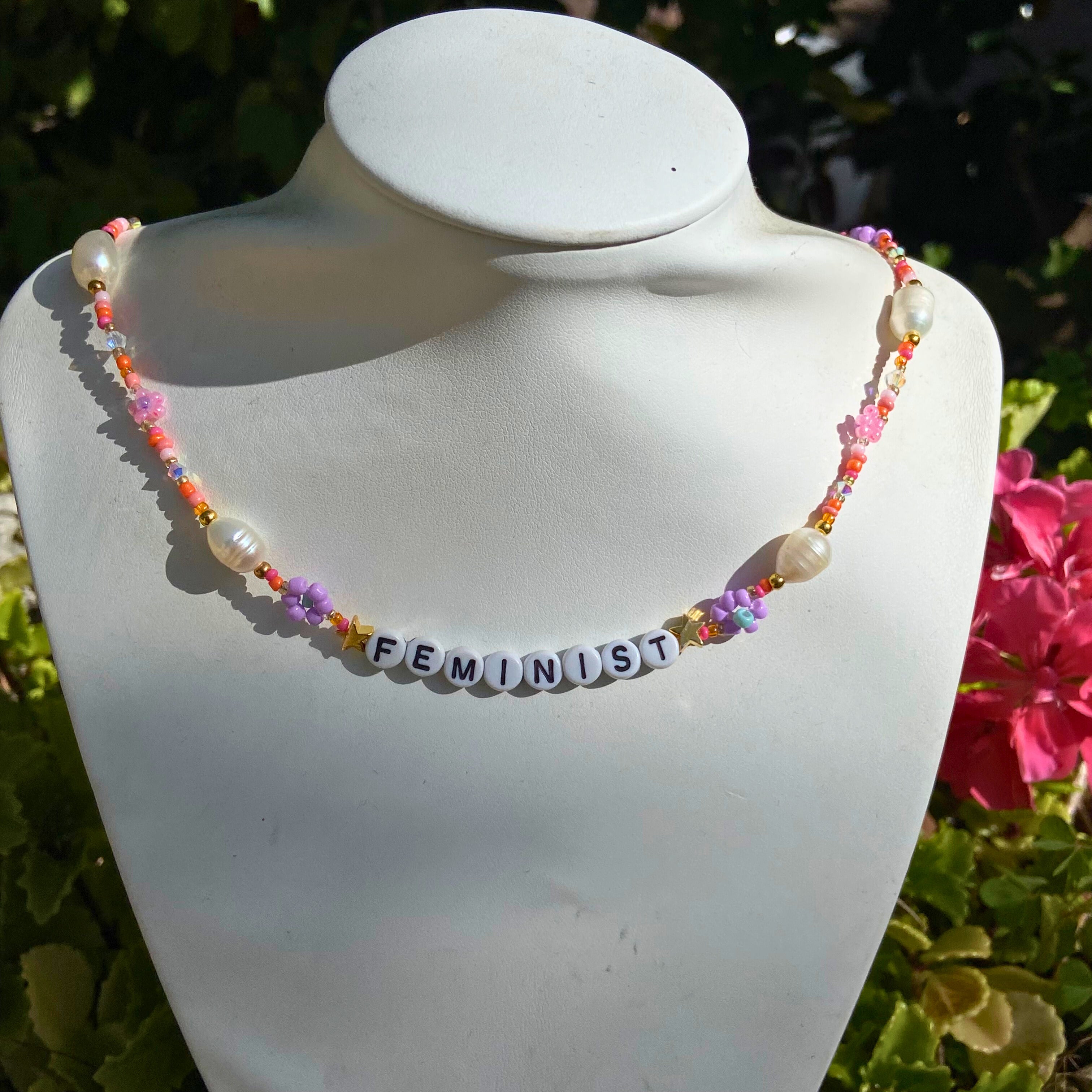 Orange Feminist Beaded Necklace
