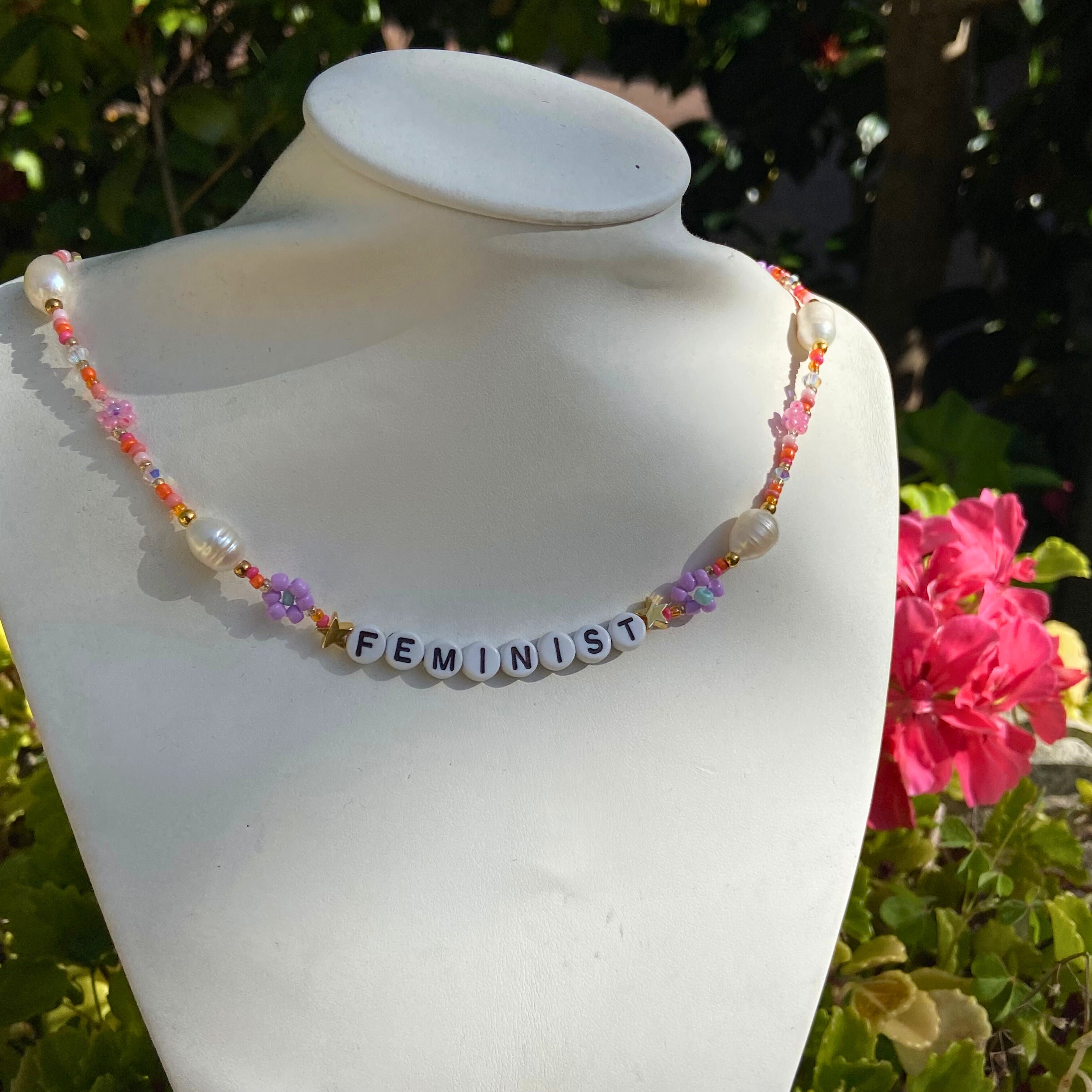 Orange Feminist Beaded Necklace