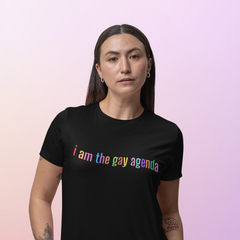Black pride tshirt that says I am the gay agenda in rainbow wavy writing. Shop Pride Themed Shirts