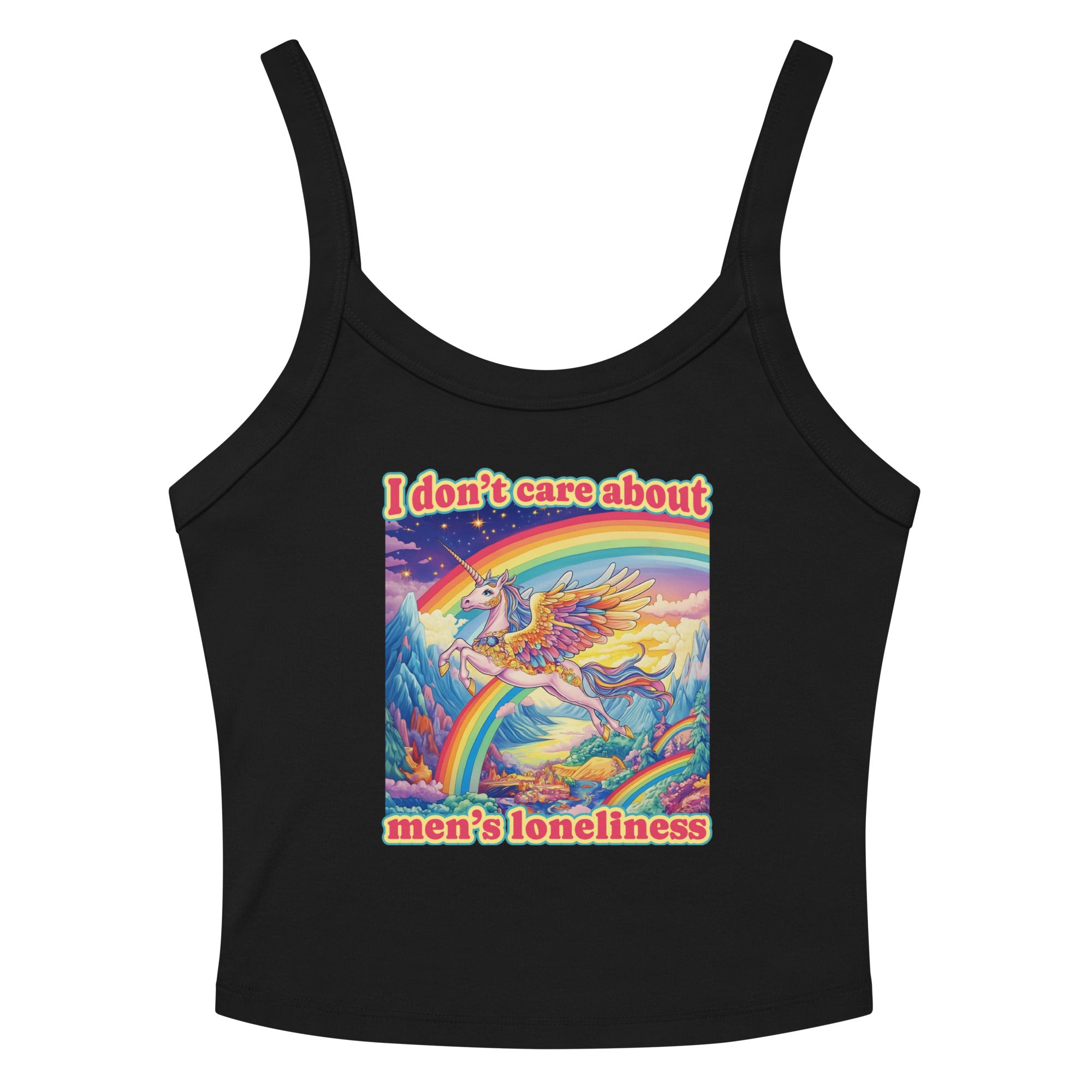 black feminist crop top that says i don't care about mens loneliness- featuring a rainbow unicorn digital illustration. Shop feminist trrash for feminist apparel and political clothing