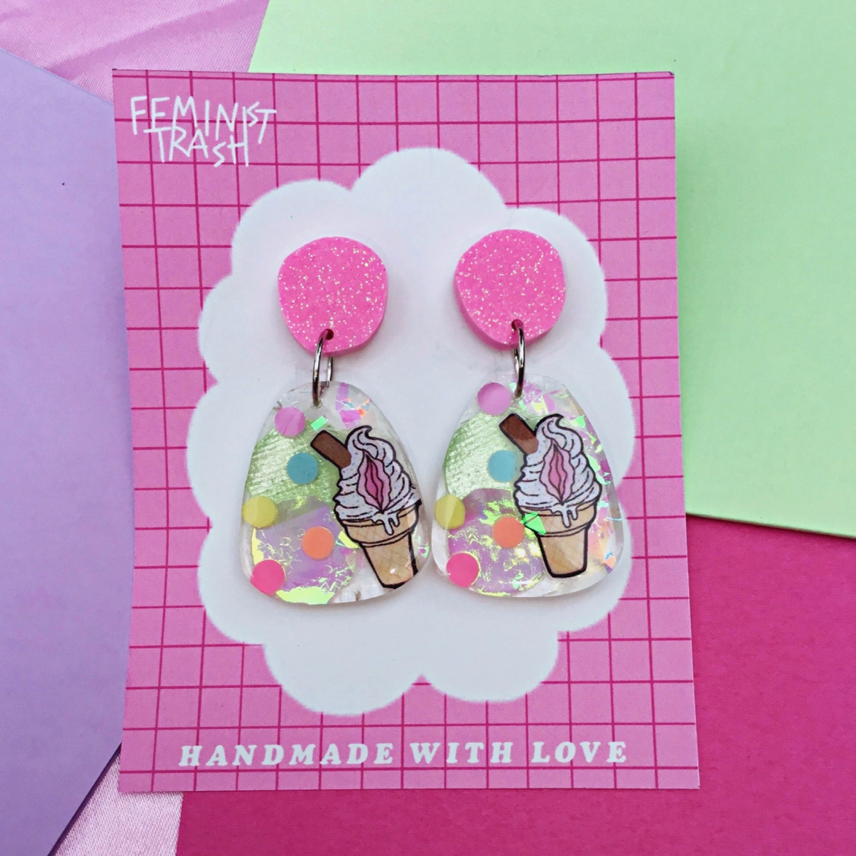 illustrated ice-creams with a vulva centre. Shop Feminist earrings for the empowered woman