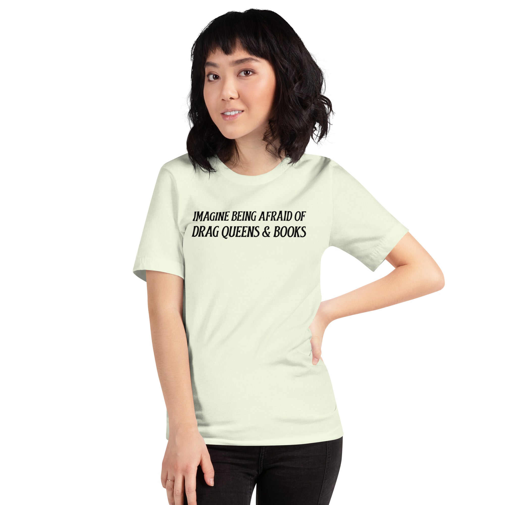 citron pride t-shirt that says imagine being afraid of drag queens and books in black writing- shop feminist trash store for pride merch, pride outfits, feminist apparel and dump him shirts