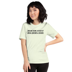 citron pride t-shirt that says imagine being afraid of drag queens and books in black writing- shop feminist trash store for pride merch,  pride outfits, feminist apparel and dump him shirts