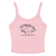 pink political crop top that says make billionaires extinct in black writing featuring a cute floral dinosaur illustration- Shop feminist trash for political clothing and clothing for pride