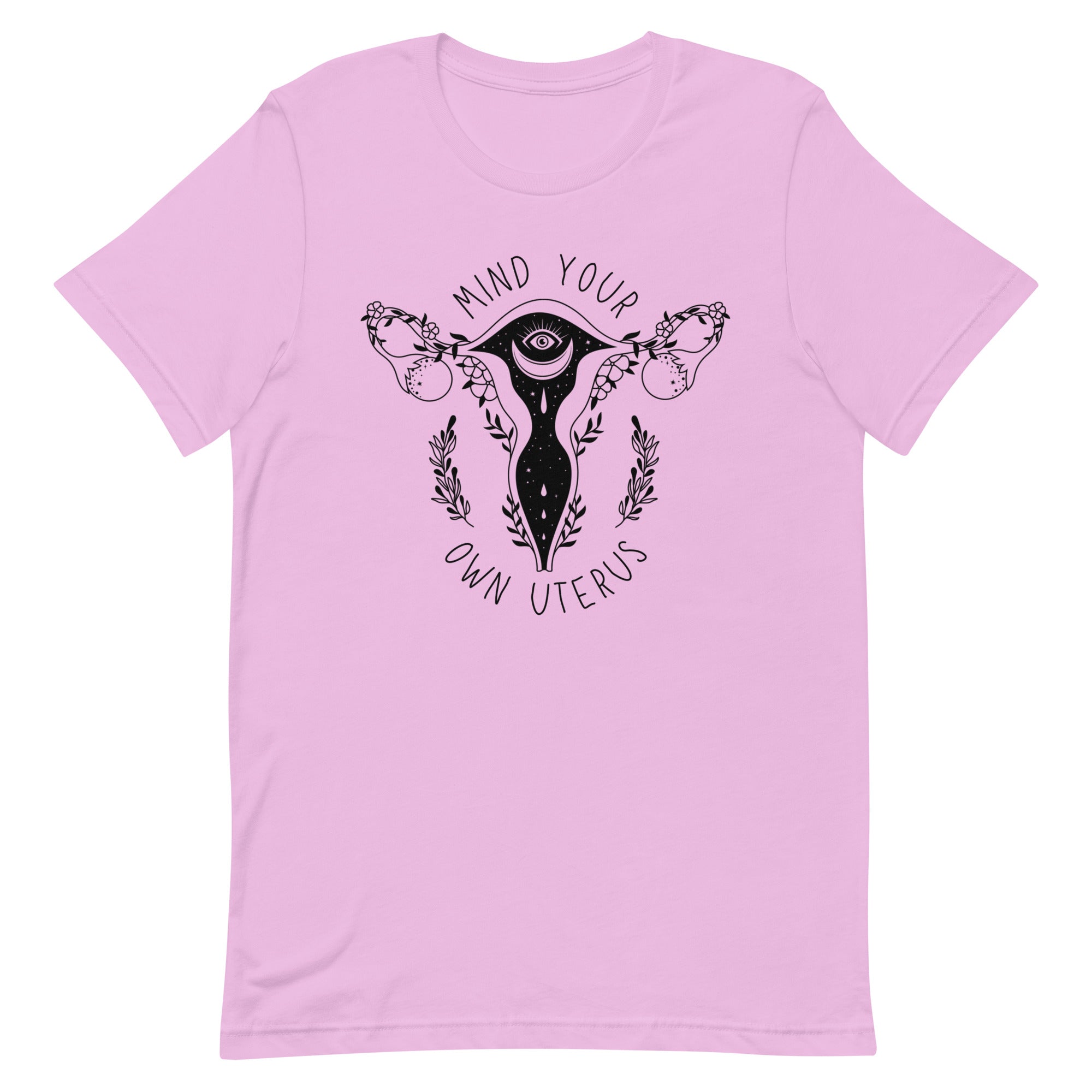 Lilac feminist shirt that says mind your own uterus. featuring a black witchy uterus illustration- shop graphic tees
