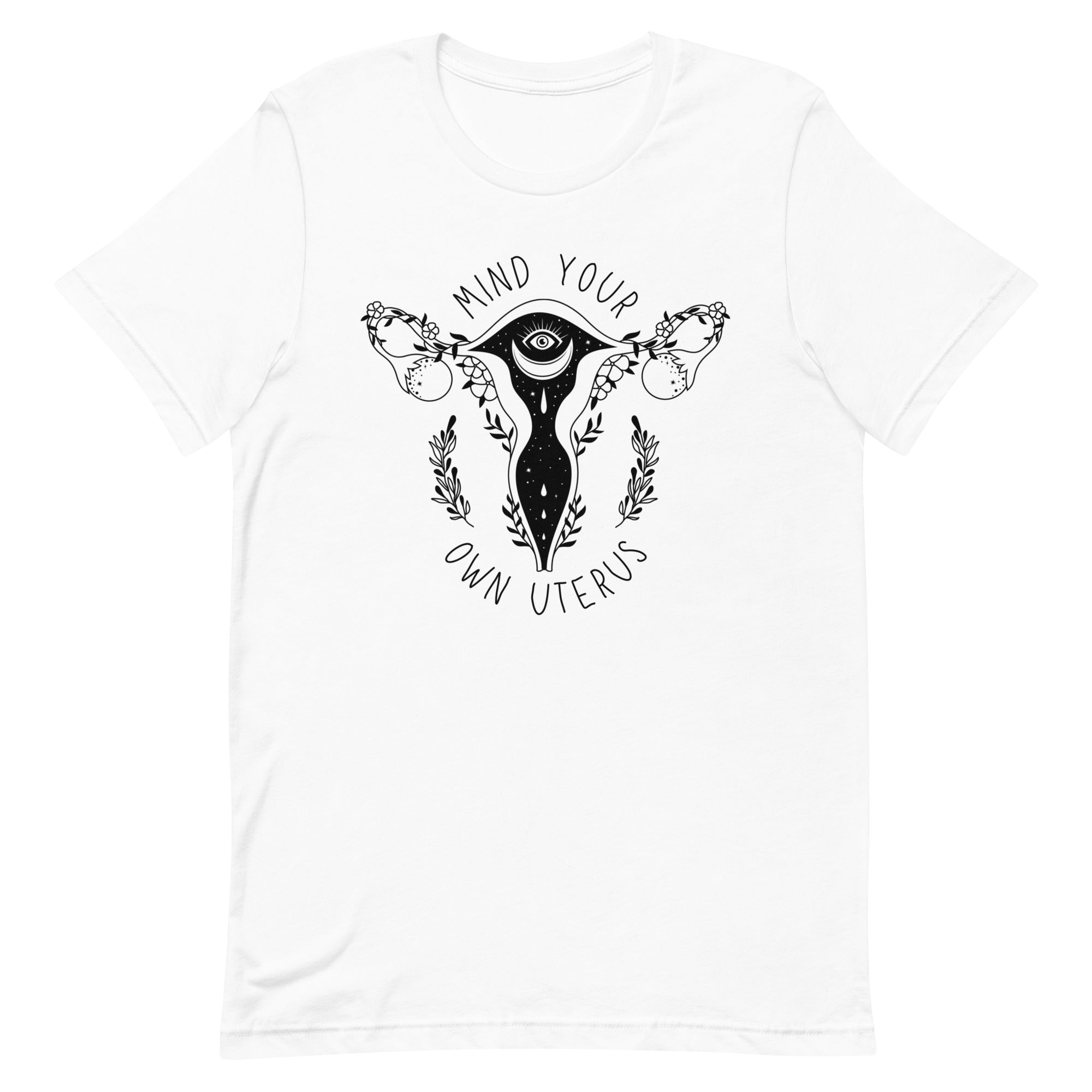 white feminist tshirt that says mind your own uterus featuring a black witchy uterus illustration- shop women's empowerment tees