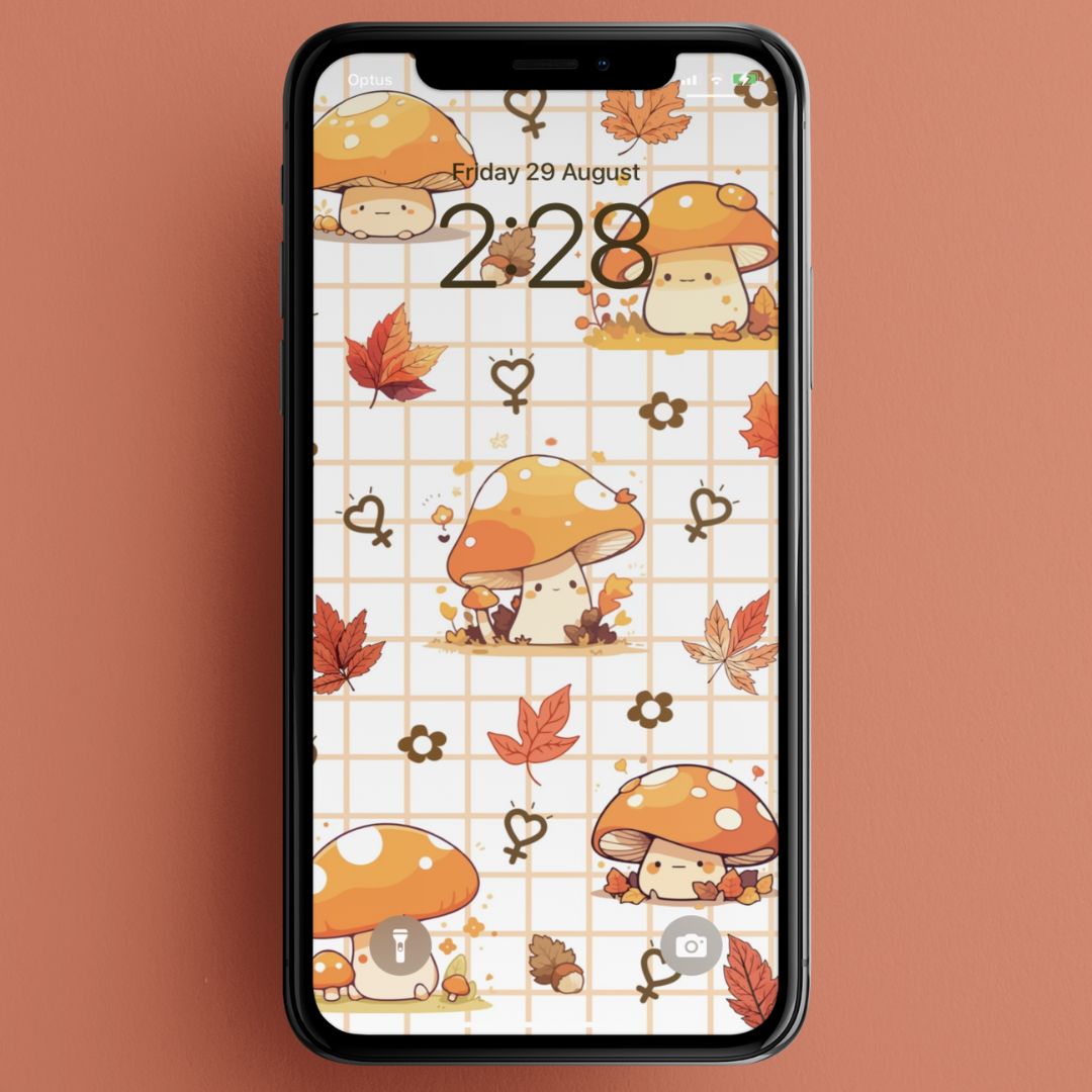 Feminist Phone background featuring girl power motif and a cute autumnal mushroom pattern. Shop Feminist Trash for this mushroom wallpaper for phone and feminist stationery