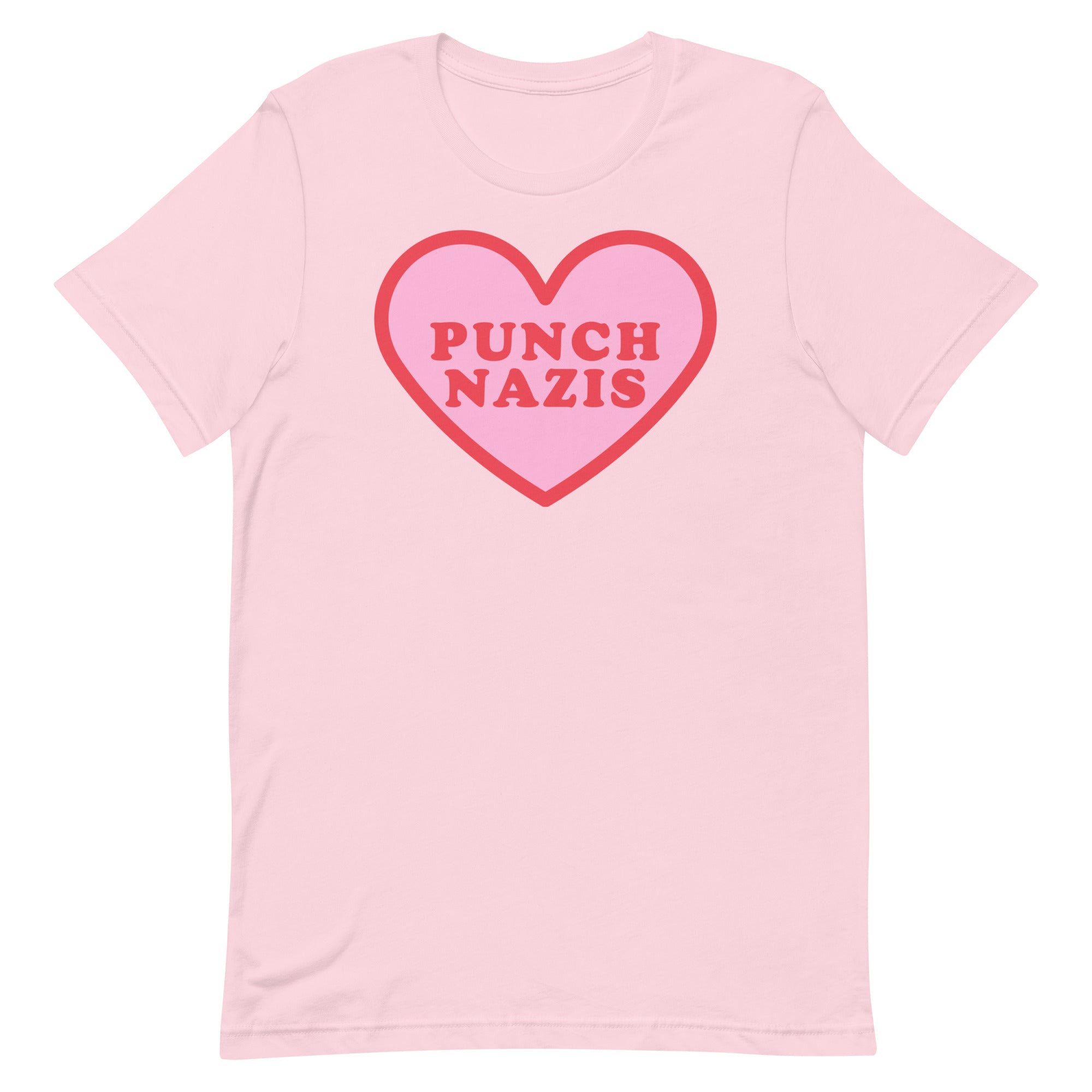 Pink Political t-shirt that says punch nazis in red retro font  inside a pink heart- shop Feminist Trash for this anti fascist shirt, acab t-shirts and political clothing