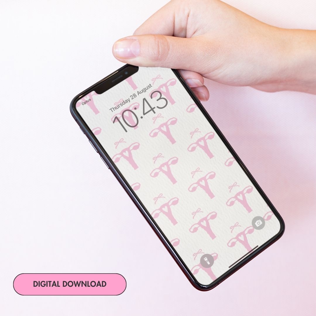 cute phone background featuring a coquette pink uterus pattern on a white textured background- Shop Feminist Trash for this phone wallpaper background and i phone wallpapers