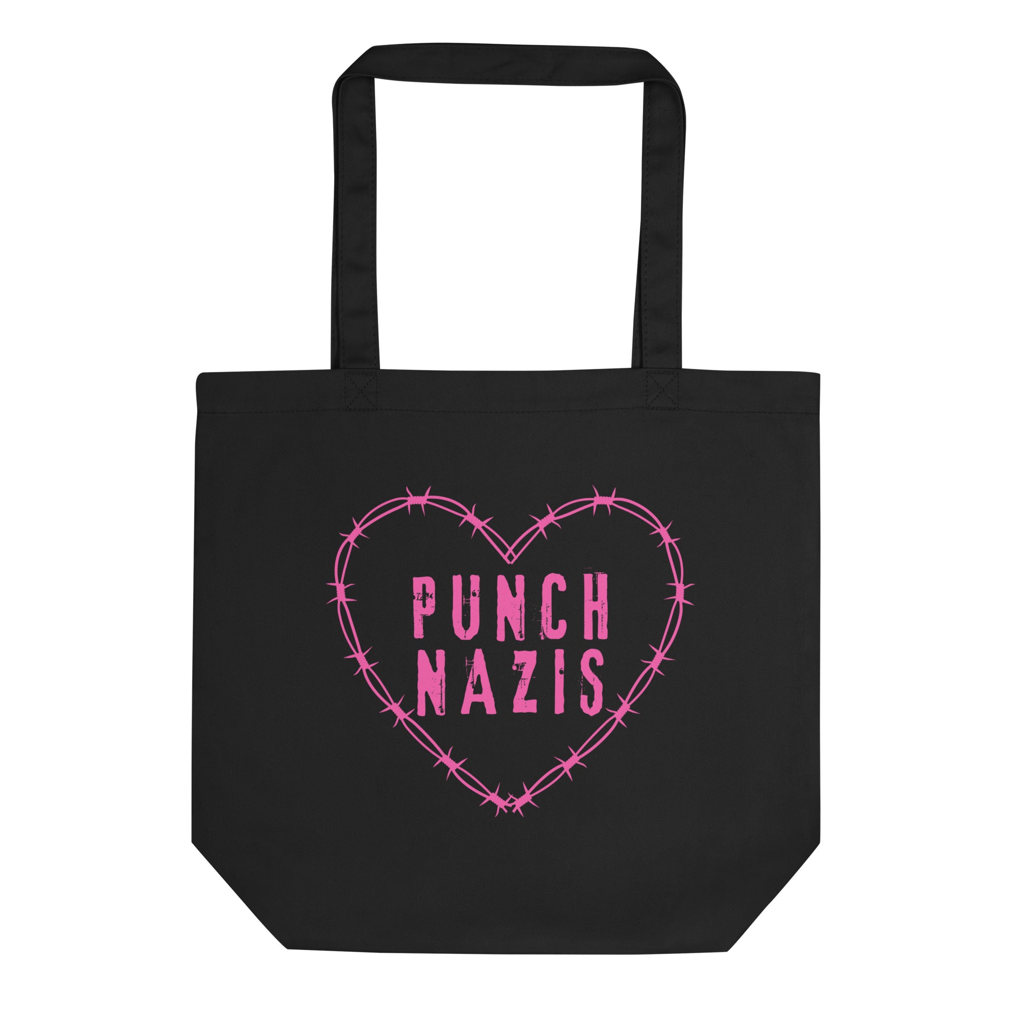 Black tote bag featuring a barbed wire heart with the words punch nazis written in pink grunge writing- shop feminist trash for political clothing, acab t-shirts and feminist apparel