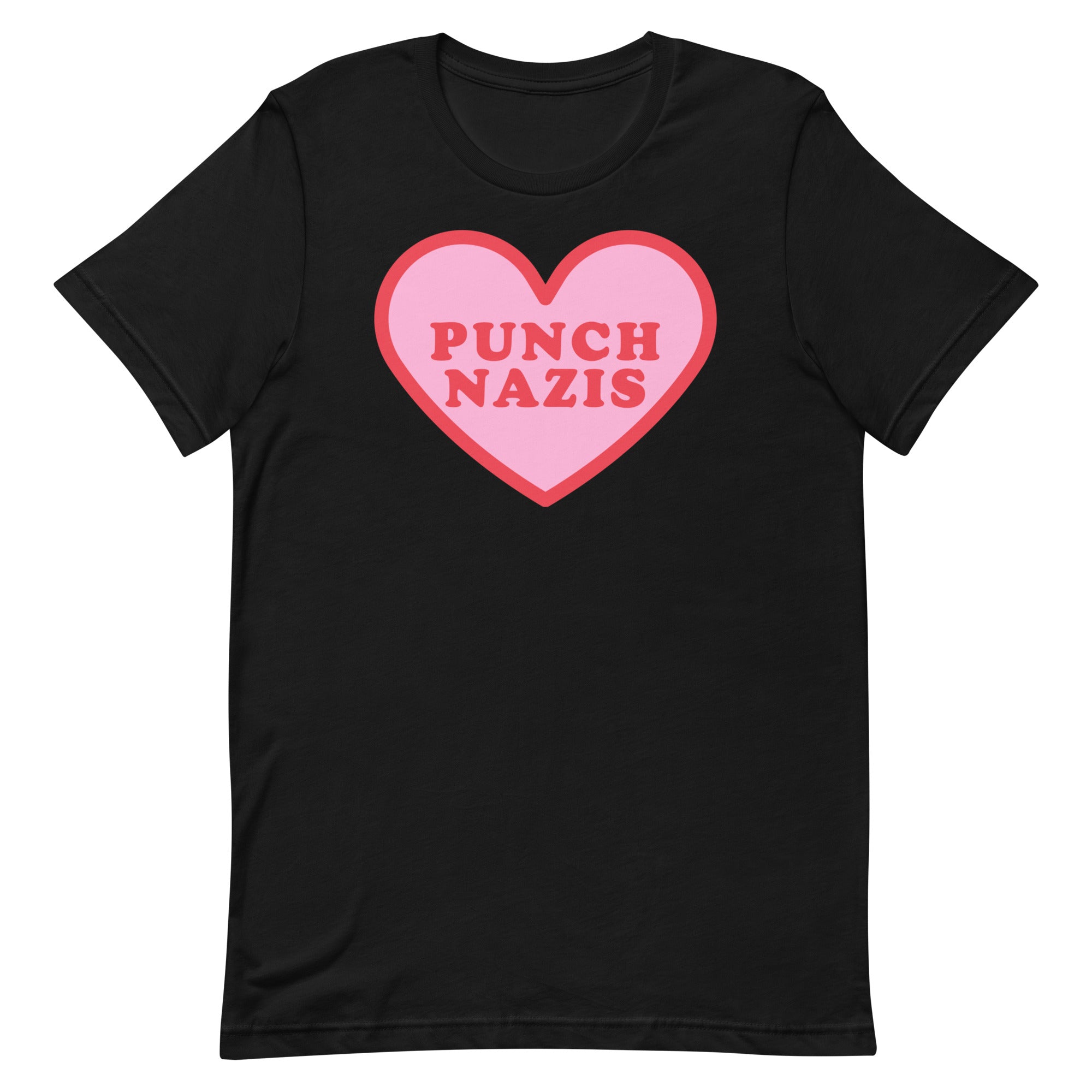 Black Political t-shirt that says punch nazis in red retro font  inside a pink heart- shop Feminist Trash for this anti fascist shirt, acab t-shirts and political clothing