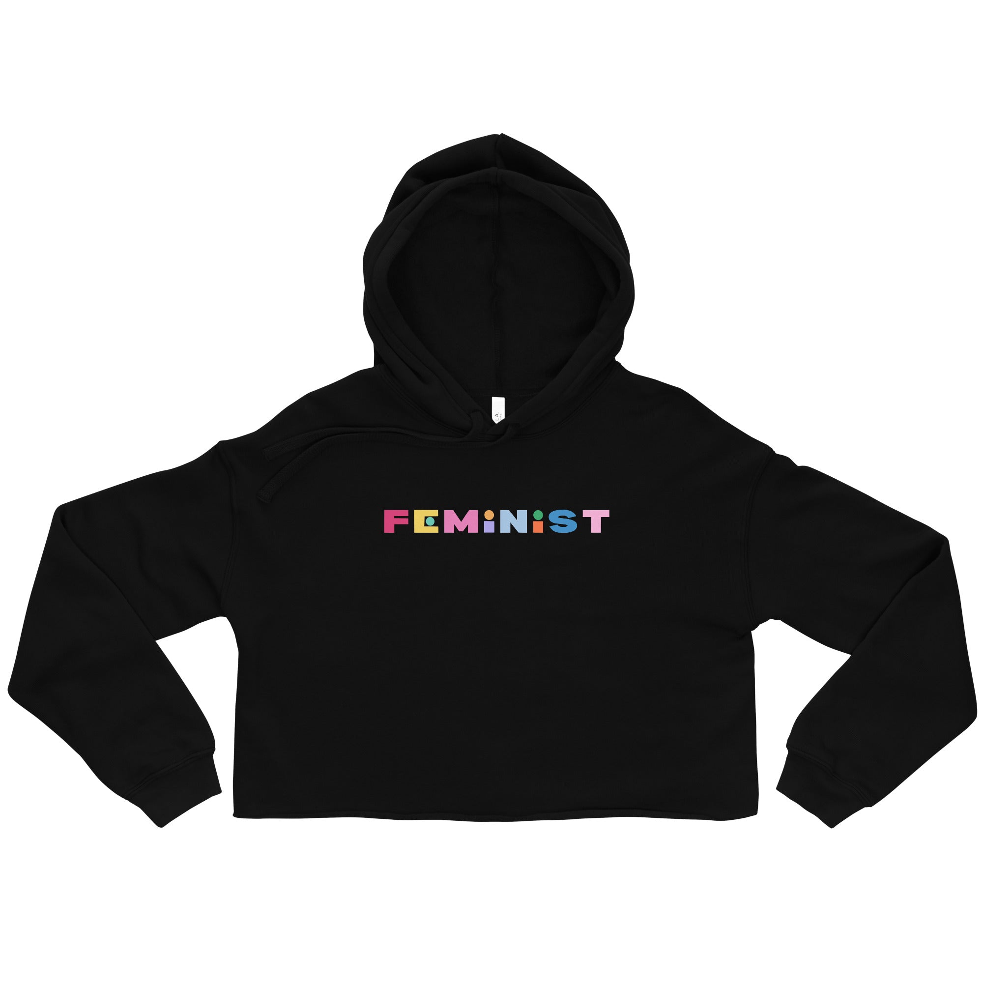 black feminist cropped hoodie that says feminist in rainbow block writing- shop feminist trash for feminist crop tops and dump him shirts