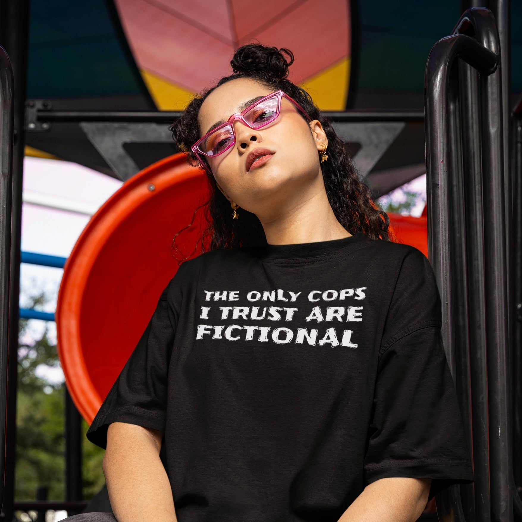 Black acab shirt that says the only cops I trust are fictional in white writing- shop feminist trash for political clothing and acab t-shirts