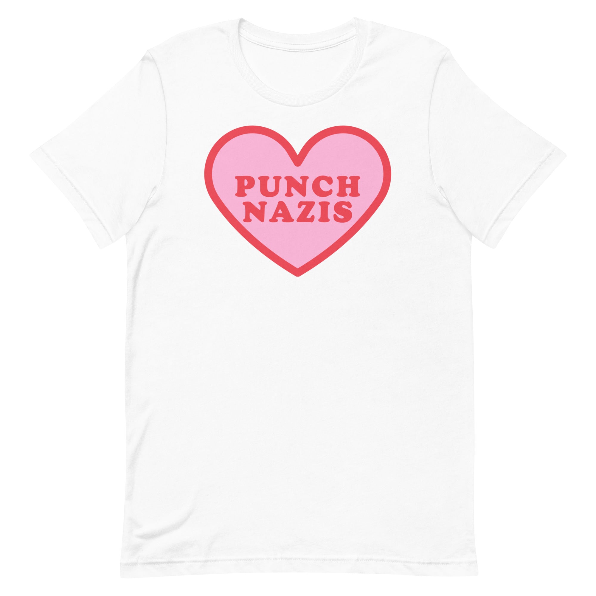 Political t-shirt that says punch nazis in red retro font  inside a pink heart- shop Feminist Trash for this anti fascist shirt, acab t-shirts and political clothing