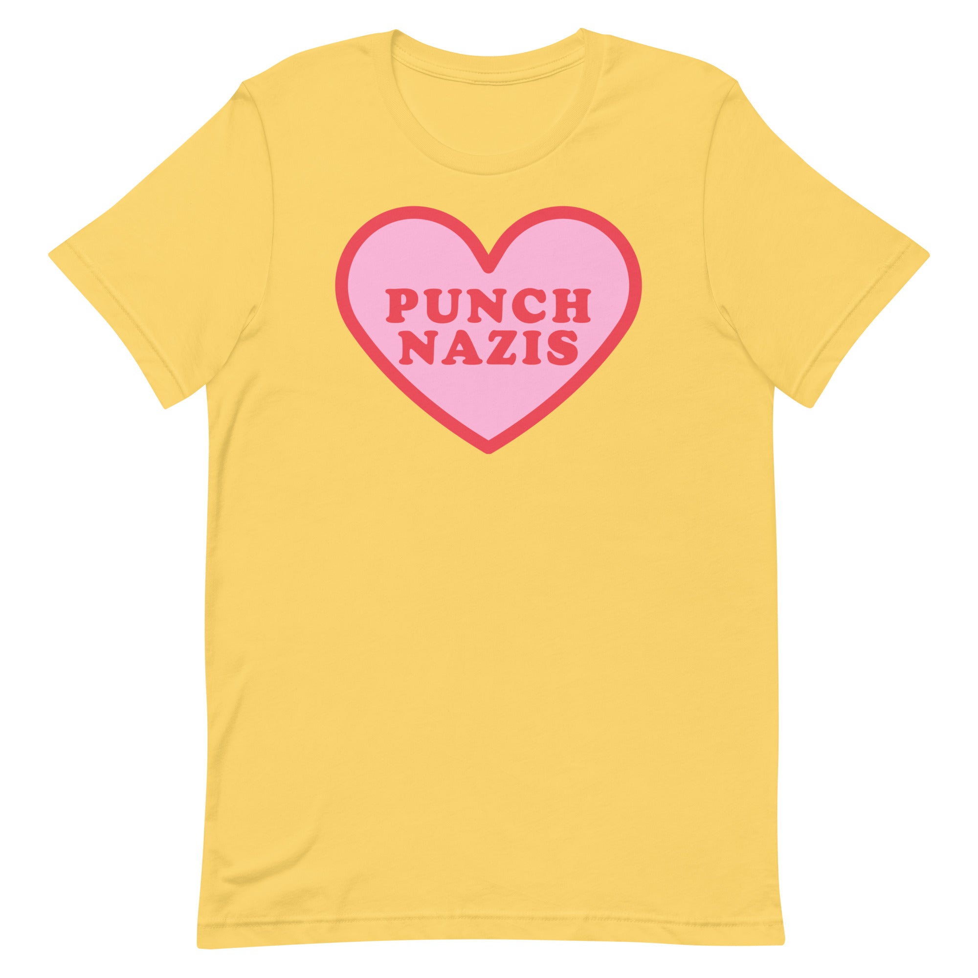 Yellow Political t-shirt that says punch nazis in red retro font  inside a pink heart- shop Feminist Trash for this anti fascist shirt, acab t-shirts and political clothing