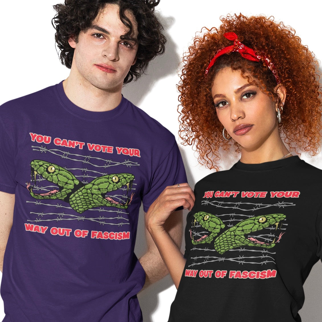 Protest tshirt that says You can’t vote yourself out of fascism. Shop Feminist Trash for political clothing you can wear at protests