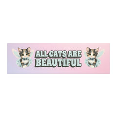 magnetic bumper magnet that says all cat are beautiful in retro light teal writing featuring two cute cat fairy illustrations- shop feminist trash for funny magnetc bumper stickers and political clothing