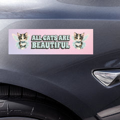 magnetic car magnet that says all cats are beautiful in light blue retro writing- shop feminist trash for funny car magnets