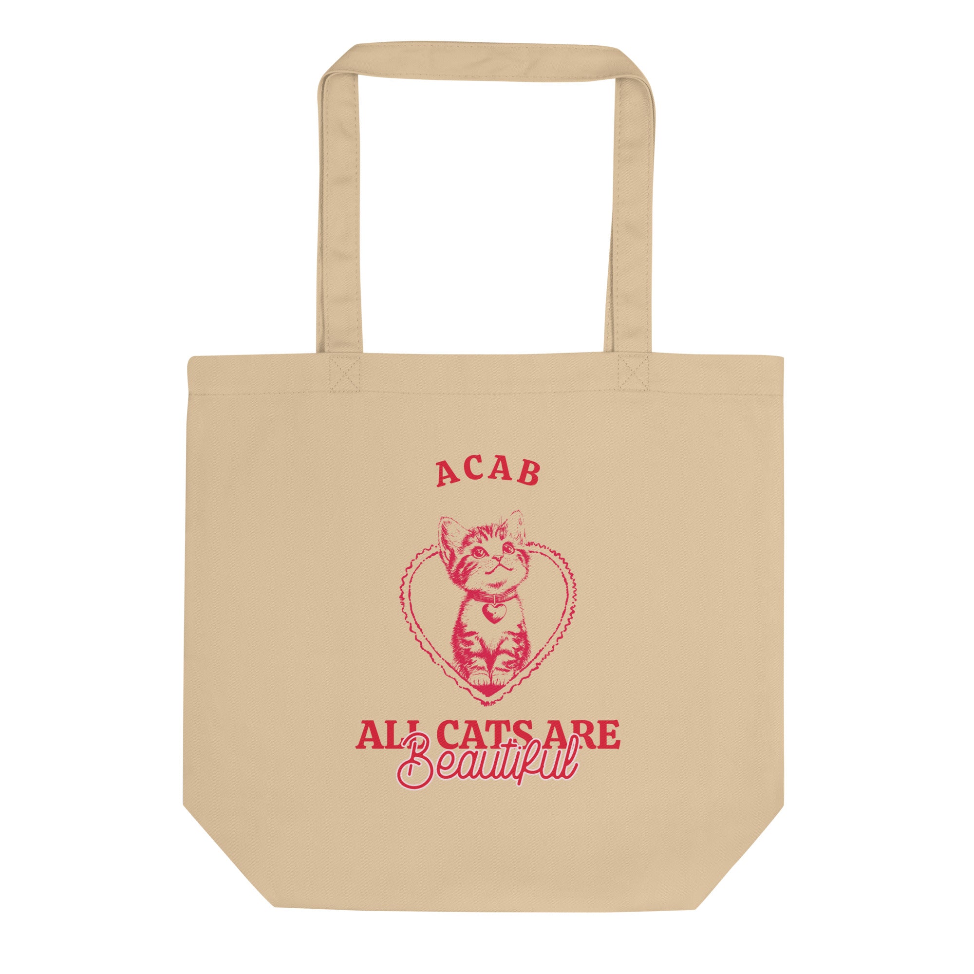 acab tote bag featuring a cute cat illustration with the words all cats are beautiful in red writing- shop feminist trash for political clothing and acab t-shirts