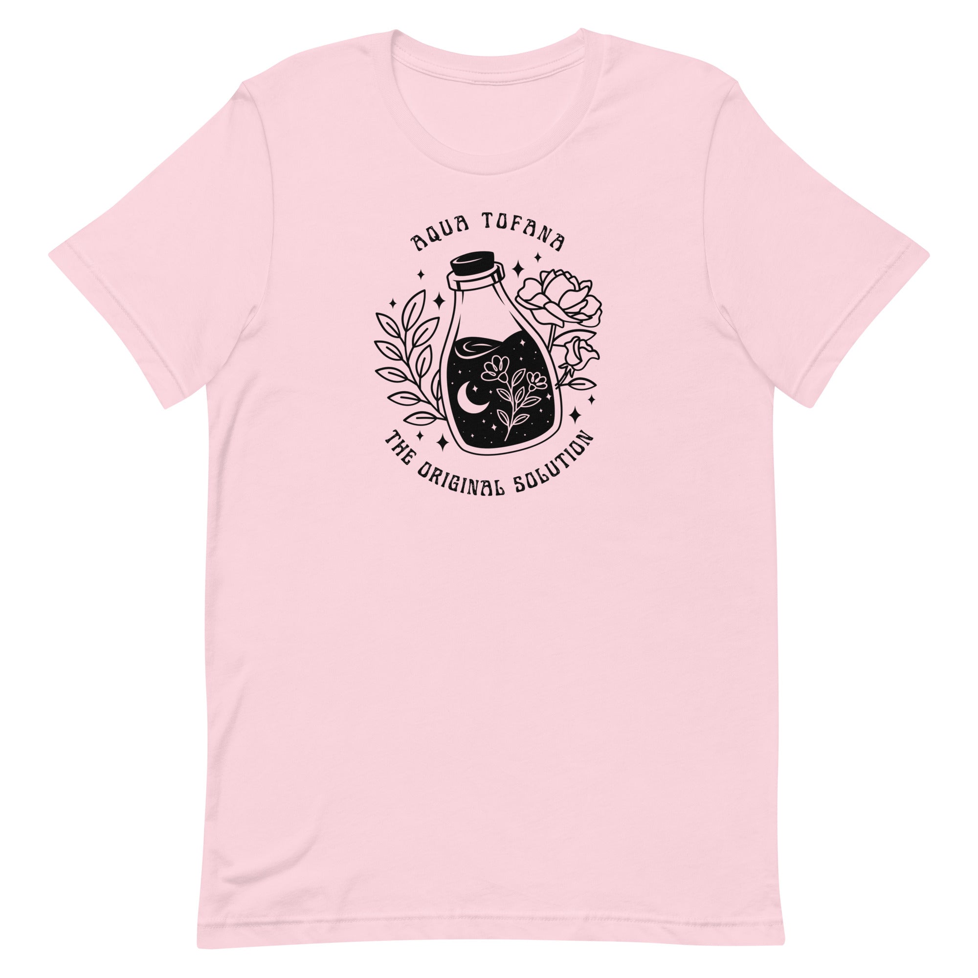 pink feminist t-shirt that says aqua tofana the original solution in black art nouveau sstyle writing. Featuring a black tattoo style illustration of a poison bottle- Shop feminist trash for feminist tees and dump im shirts.