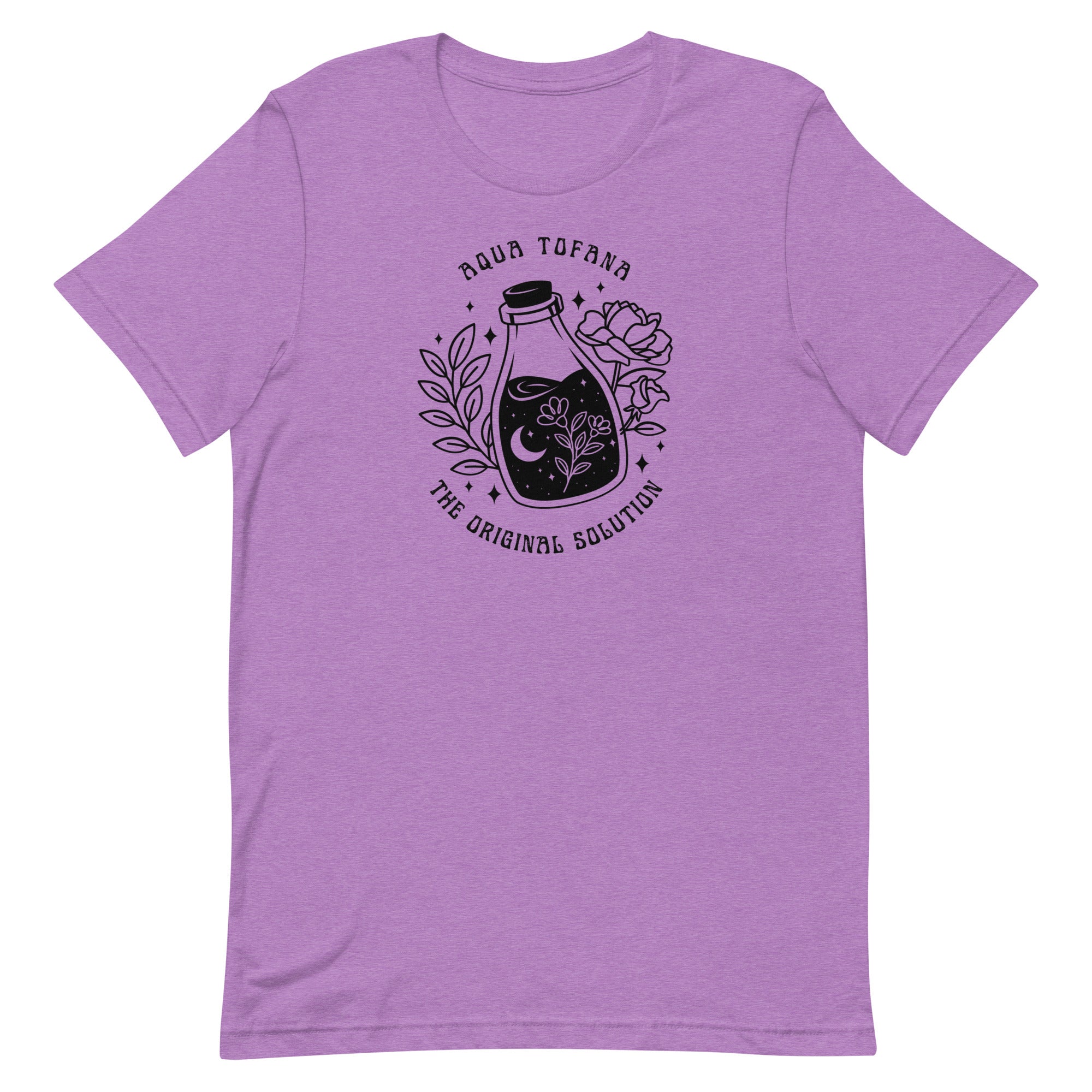 purple feminist shirt that says aqua tofana the original solution in black art nouveau sstyle writing. Featuring a black tattoo style illustration of a poison bottle- Shop feminist trash for feminist tees and dump im shirts.