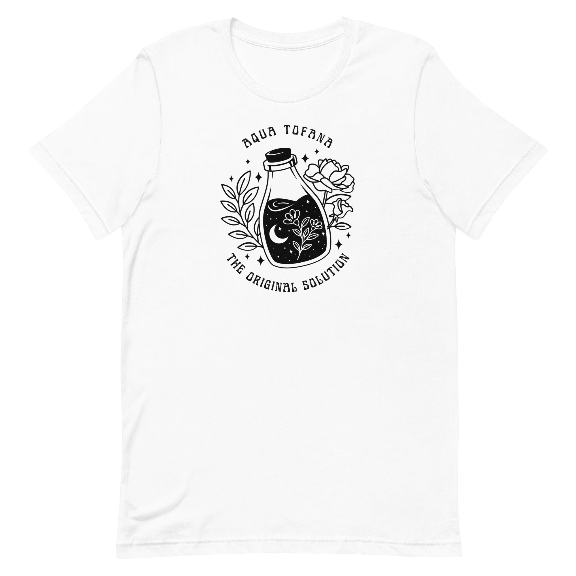 white feminist tee that says aqua tofana the original solution in black art nouveau sstyle writing. Featuring a black tattoo style illustration of a poison bottle- Shop feminist trash for feminist tees and dump im shirts.