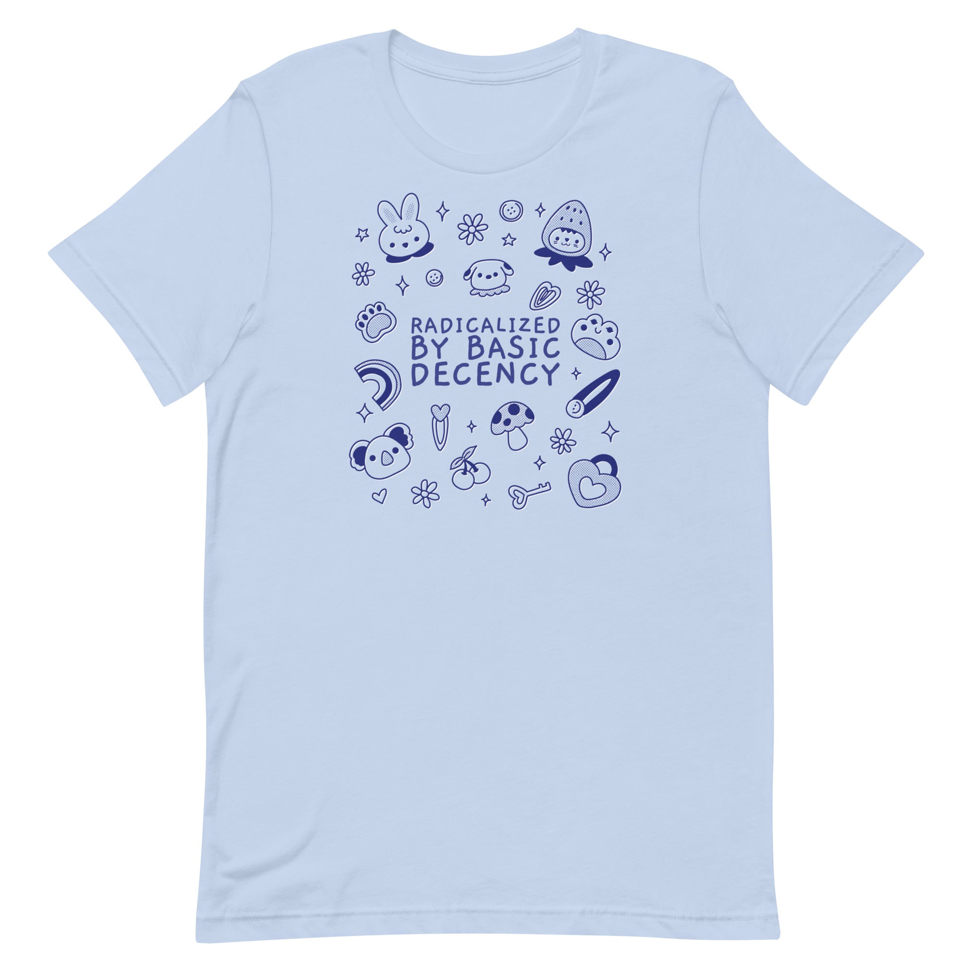 baby blue political t-shirt that says radicalized by basic decency in blue writing featuring cute illustrations- shop feminist trash for political clothing and acab shirts