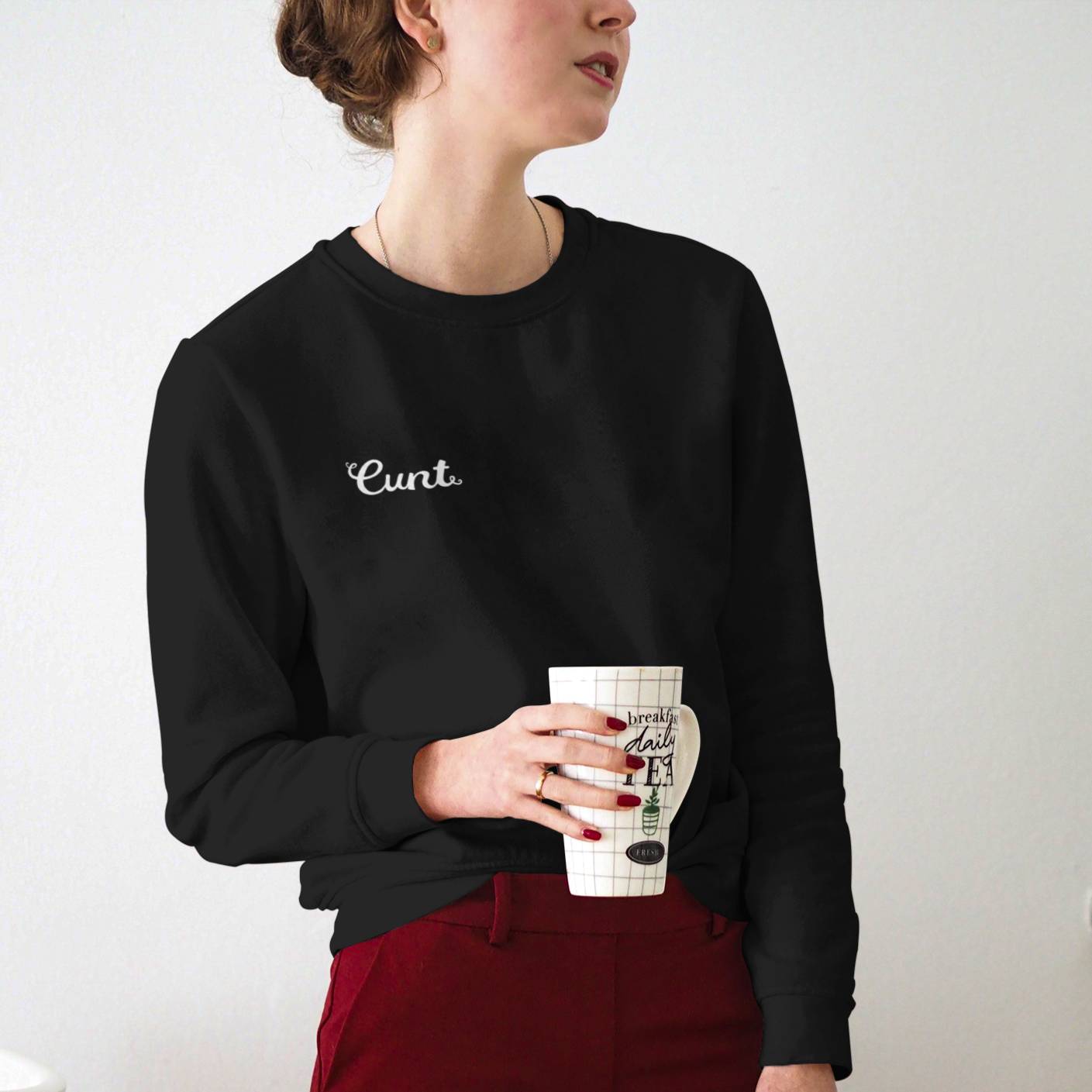 Black feminist sweatshirt with 'Cunt' text, advocating empowerment and gender equality, perfect for women’s rights- define feminism with our dump him shirts, feminist tshirts and political clothing