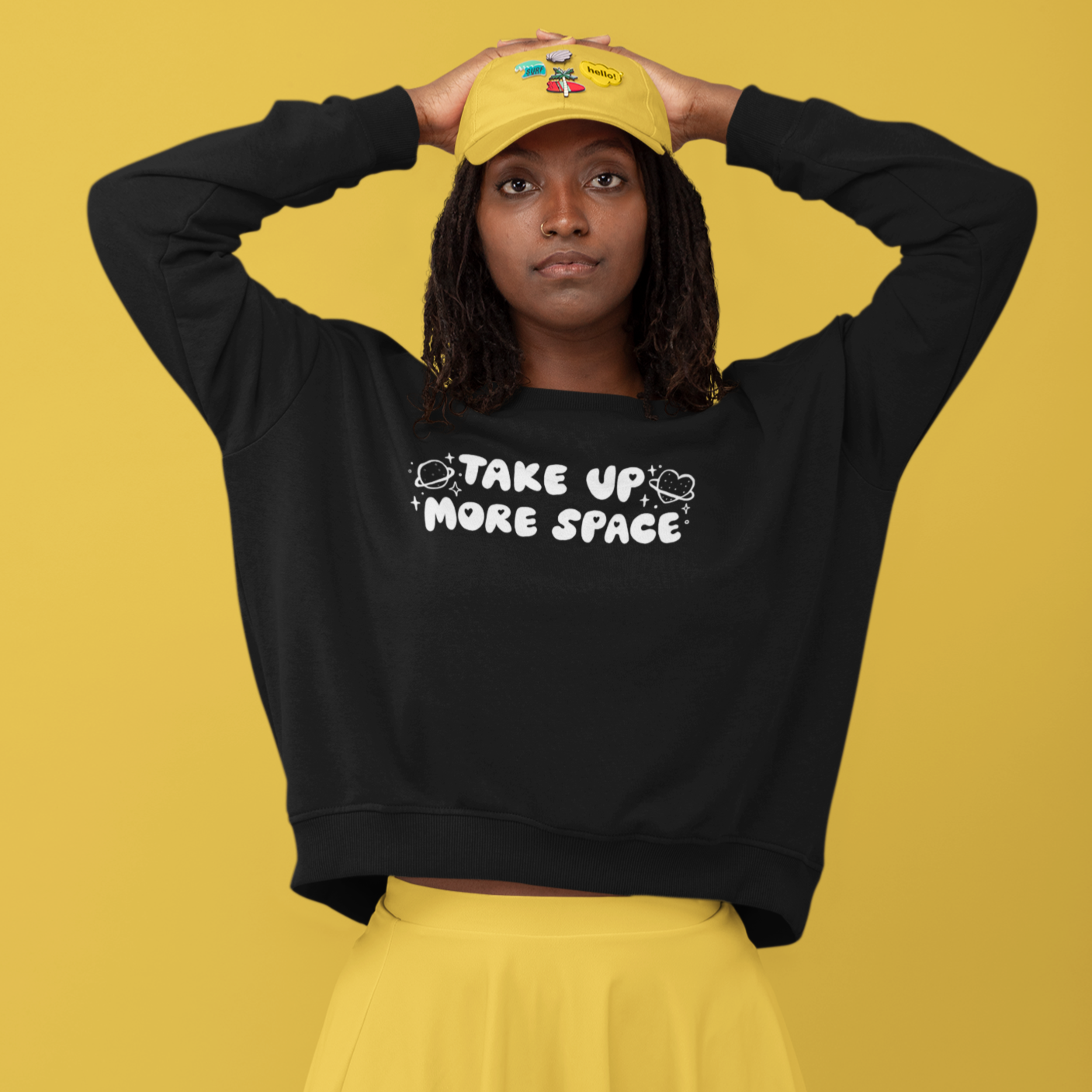 Black feminist sweatshirt with the empowering message 'Take Up More Space,' advocating for empowerment and gender equality. Shop Feminist Trash for a range of dump him shirts, feminist apparel, pride tees and political clothing