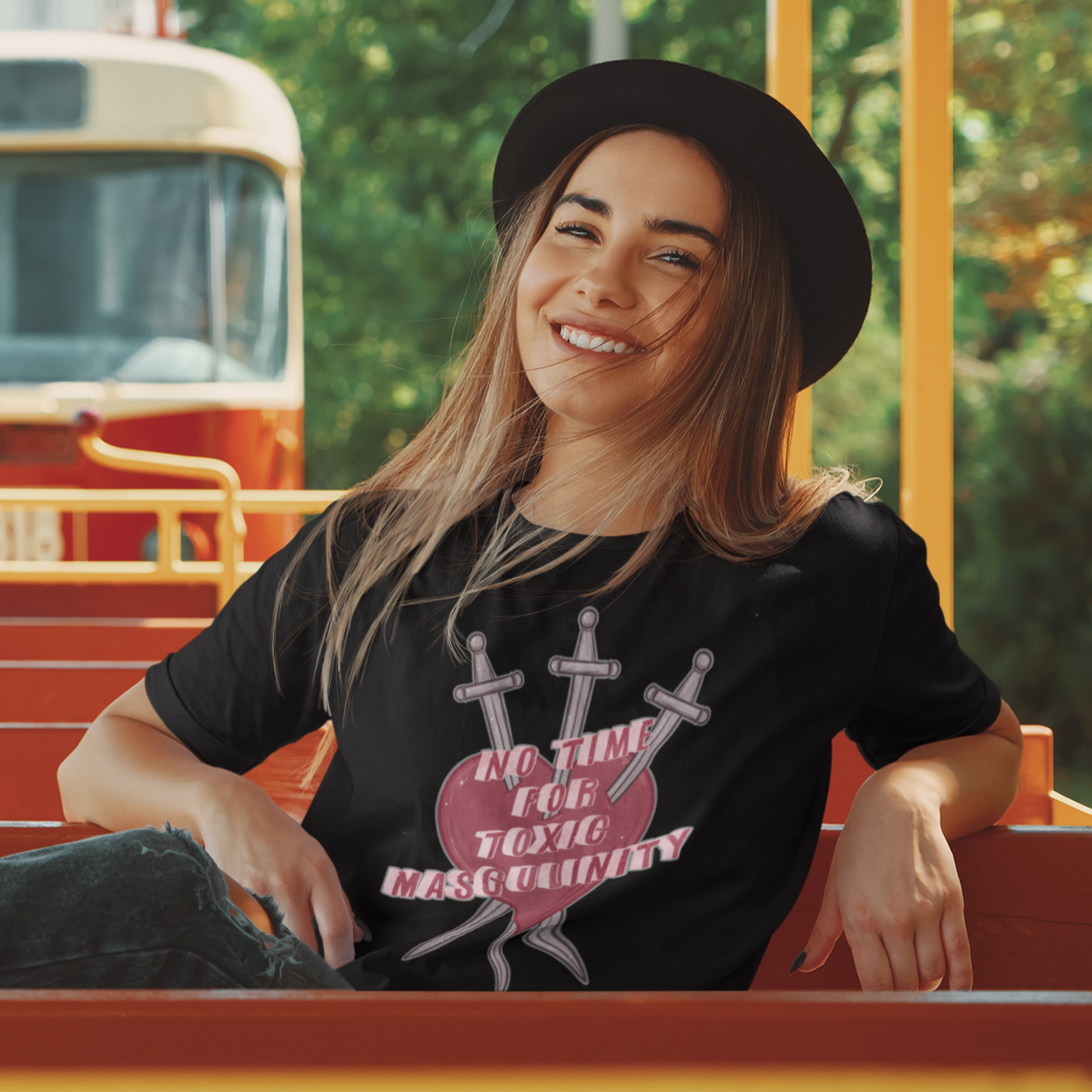 Black feminist t-shirt with 'No Time for Toxic Masculinity' text and Three of Swords tarot imagery, advocating against harmful gender stereotypes. Shop feminist apparel, political clothing and funny t shirts for women