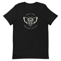political shirt that says jesus loves everyone you hate in white writing. featuring a tattoo moth illustration- shop feminist trash for feminist shirts and political clothing