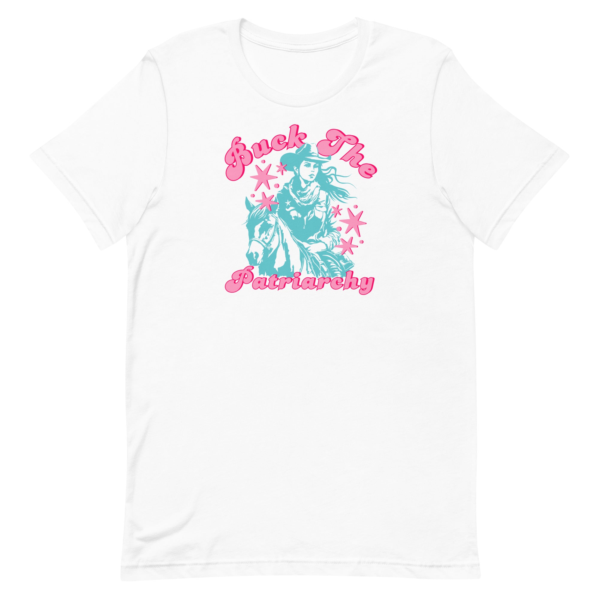 white feminist cowgirl tshirt that says buck the patriarchy in pink retro writing,, featuring a blue digital illustration of a cowgirl and a horse. Shop feminist trash store for feminist shirts and political clothing
