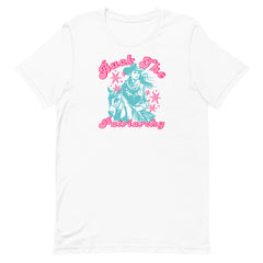 white feminist cowgirl tshirt that says buck the patriarchy in pink retro writing,, featuring a blue digital illustration of a cowgirl and a horse. Shop feminist trash store for feminist shirts and political clothing