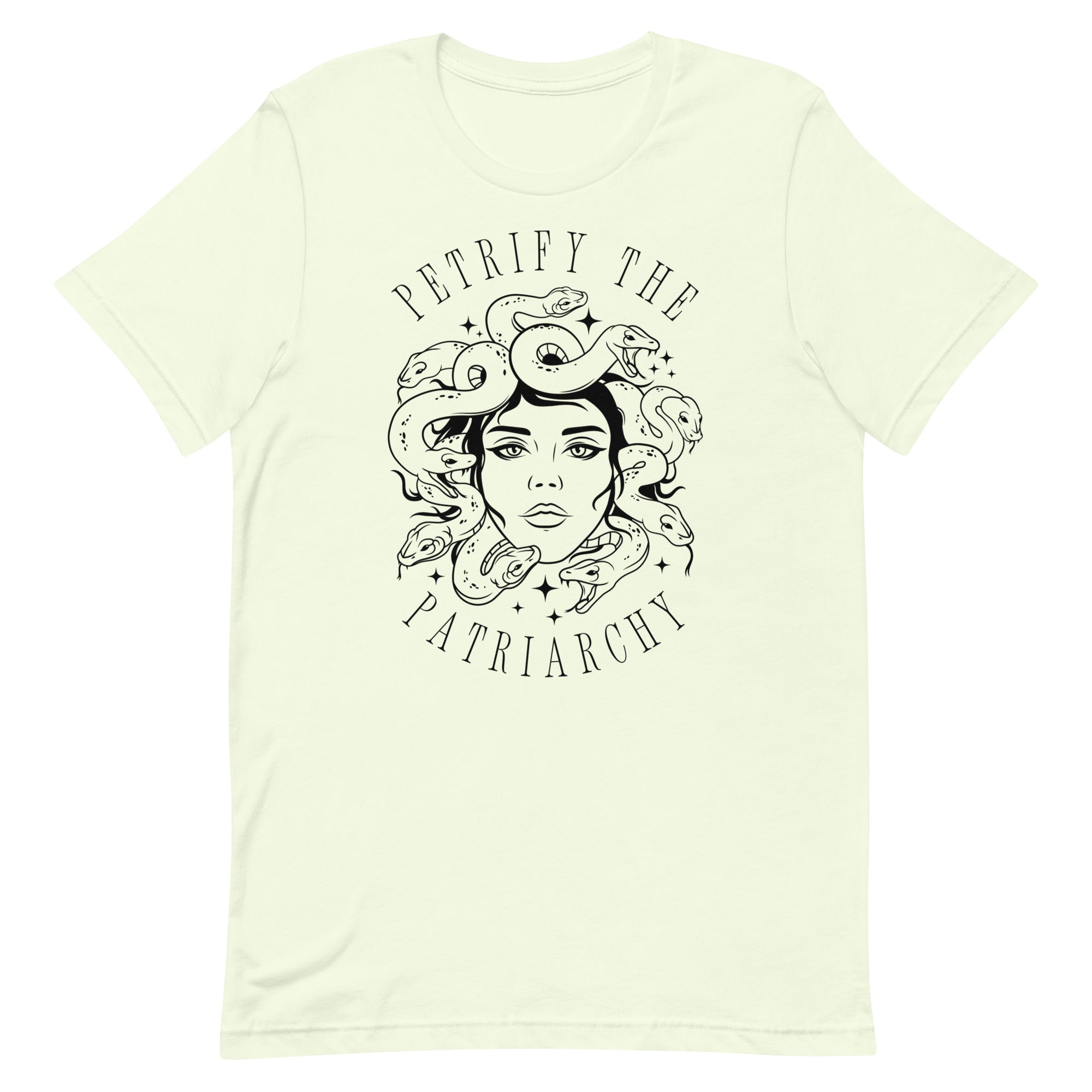 light yellow witchy feminist shirt that says petrify the patriarchy featuring a medusa illustration- Shop feminist trash for feminist t-shirts and dump him t-shirts