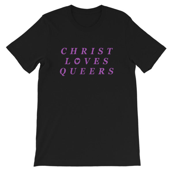 Black Feminist T-Shirt that says christ loves queers in purple writing- define pride with our pride themed shirts and pride merch.