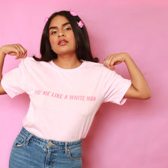 Pink Feminist shirt advocating pay equality, featuring 'Pay Me Like a White Man' slogan in red uppercase hand lettered writing. Shop Feminist Trash for feminist tshirts, dump him shirts, political clothing, pride outfits, presents for book lovers, funny t shirts for women, acab t-shirts and shirts with cats.